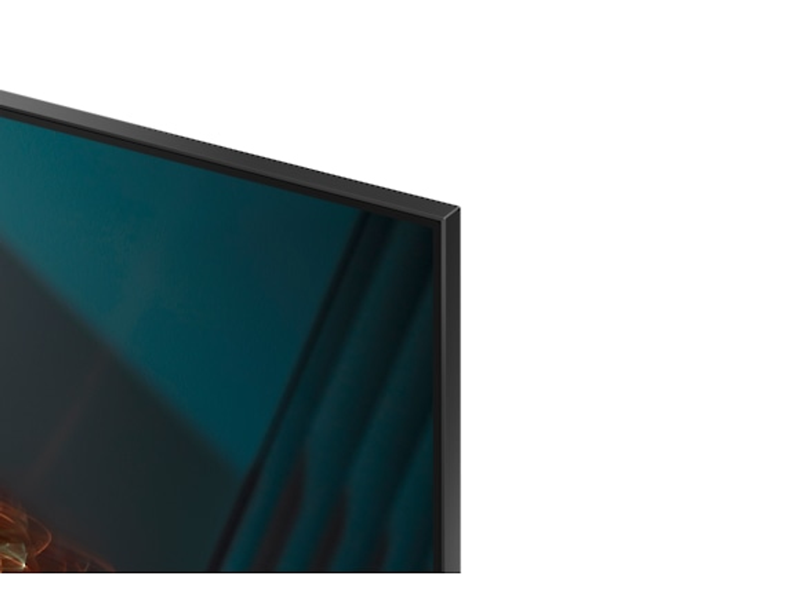 Primer plano de una esquina de TV negra. Fondo abstracto turquesa y naranja.