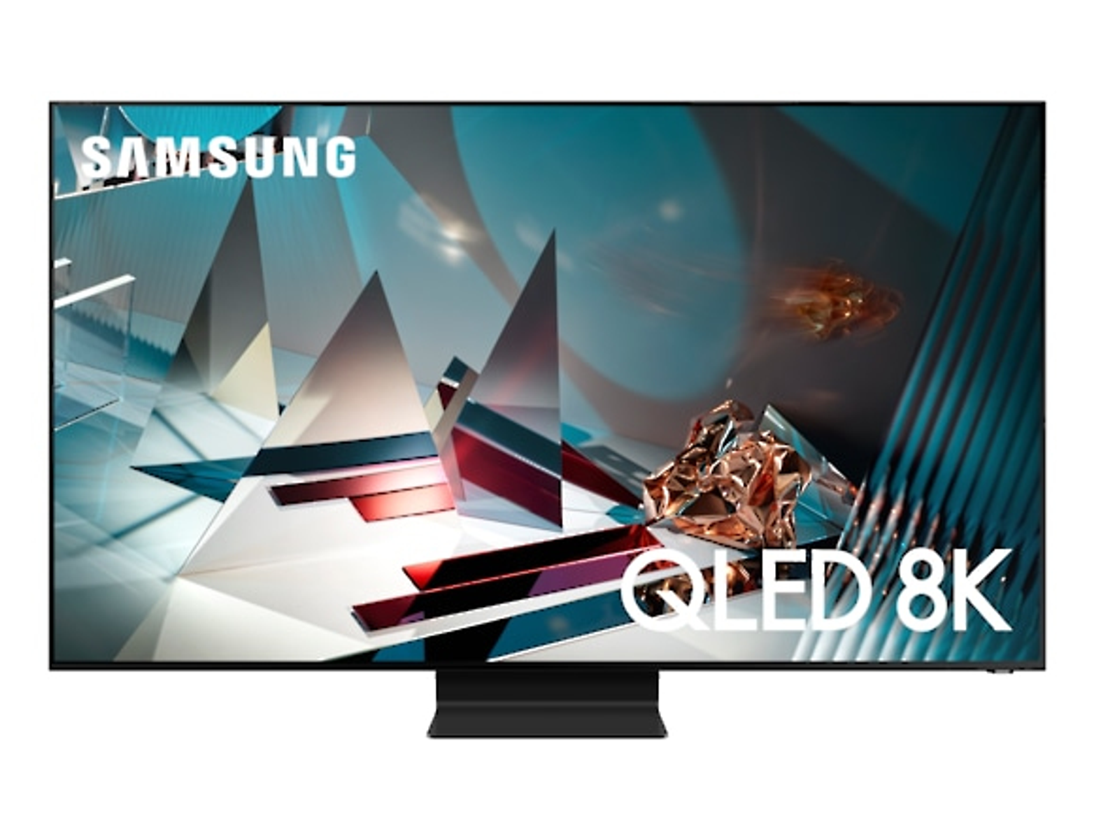 Un televisor Samsung grande muestra arte abstracto con formas geométricas y fondo brillante.