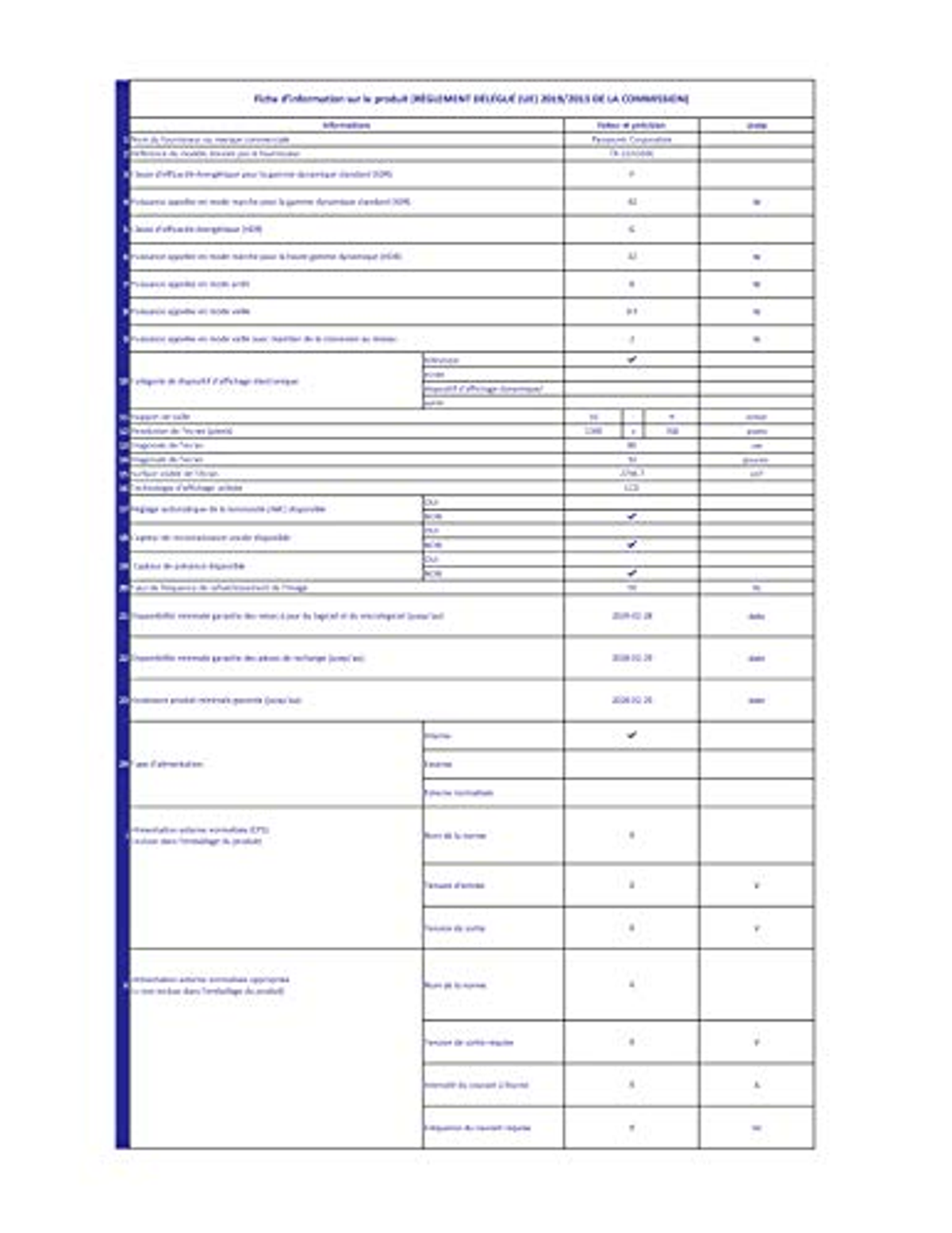 Un foglio informativo sul prodotto con testo e tabelle. Sfondo bianco.