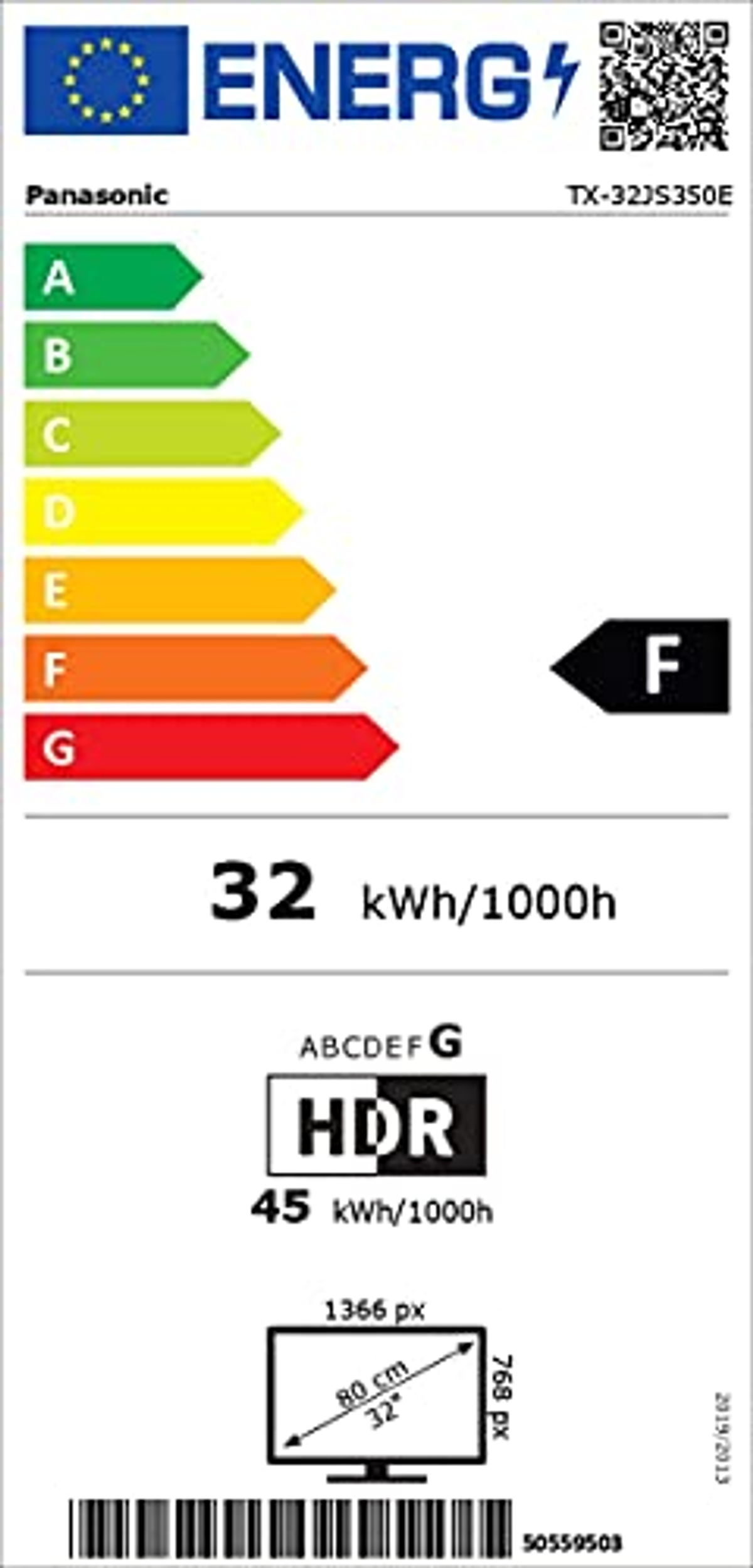 Un'etichetta energetica per un televisore Panasonic. Mostra le classificazioni di efficienza energetica e i dettagli sui consumi.