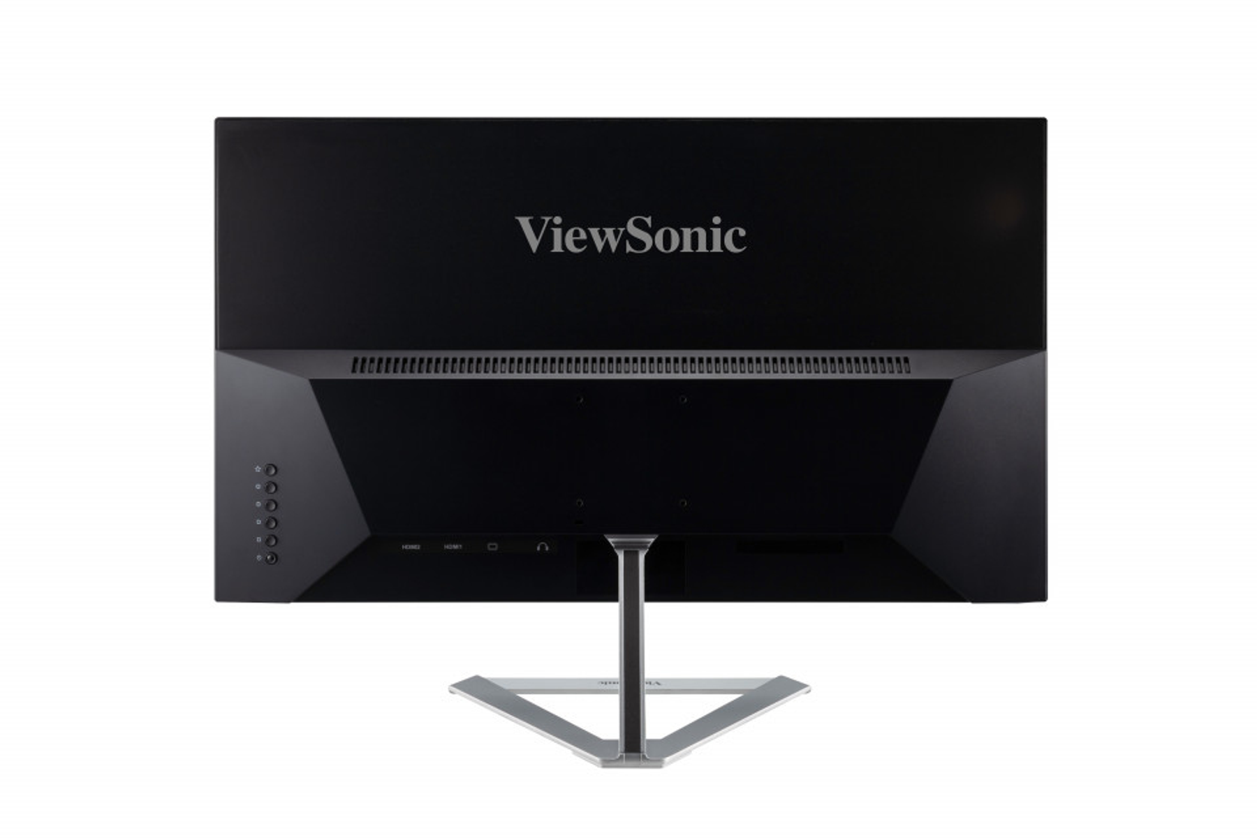 Achterkant van een zwarte ViewSonic monitor met een zilveren standaard.