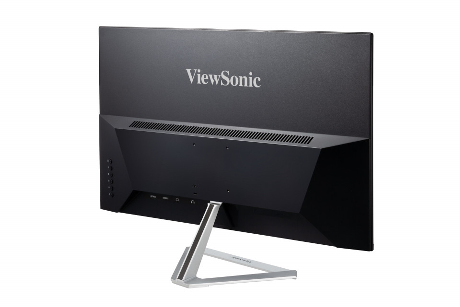 Achteraanzicht van een zwarte ViewSonic monitor met zilveren standaard, poorten zichtbaar.