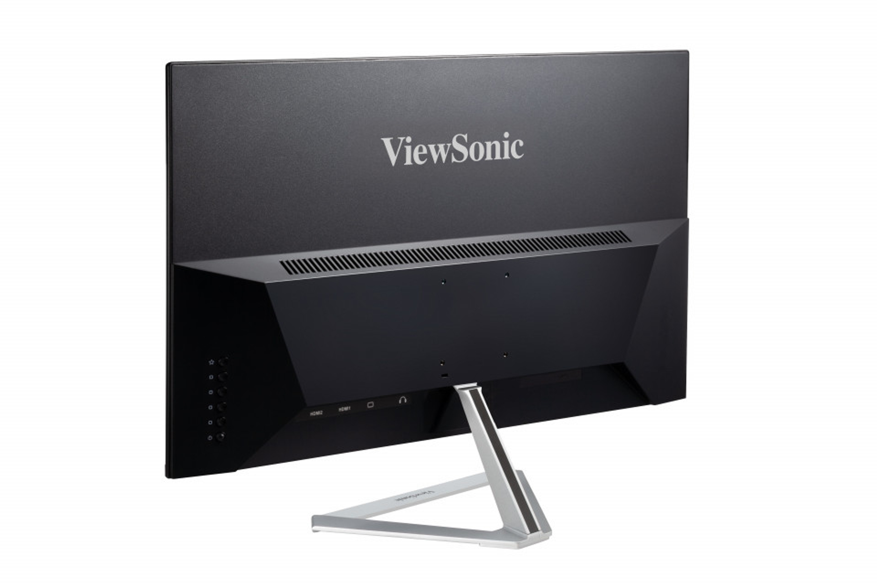 Achteraanzicht van een zwarte computermonitor met zilveren standaard en 'ViewSonic' logo.