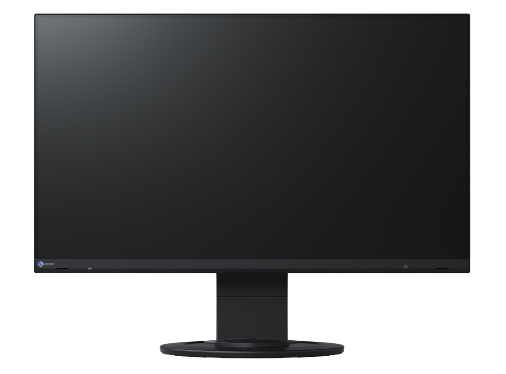 Un monitor de computadora negro sobre un soporte, con pantalla negra y logotipo en la parte inferior.