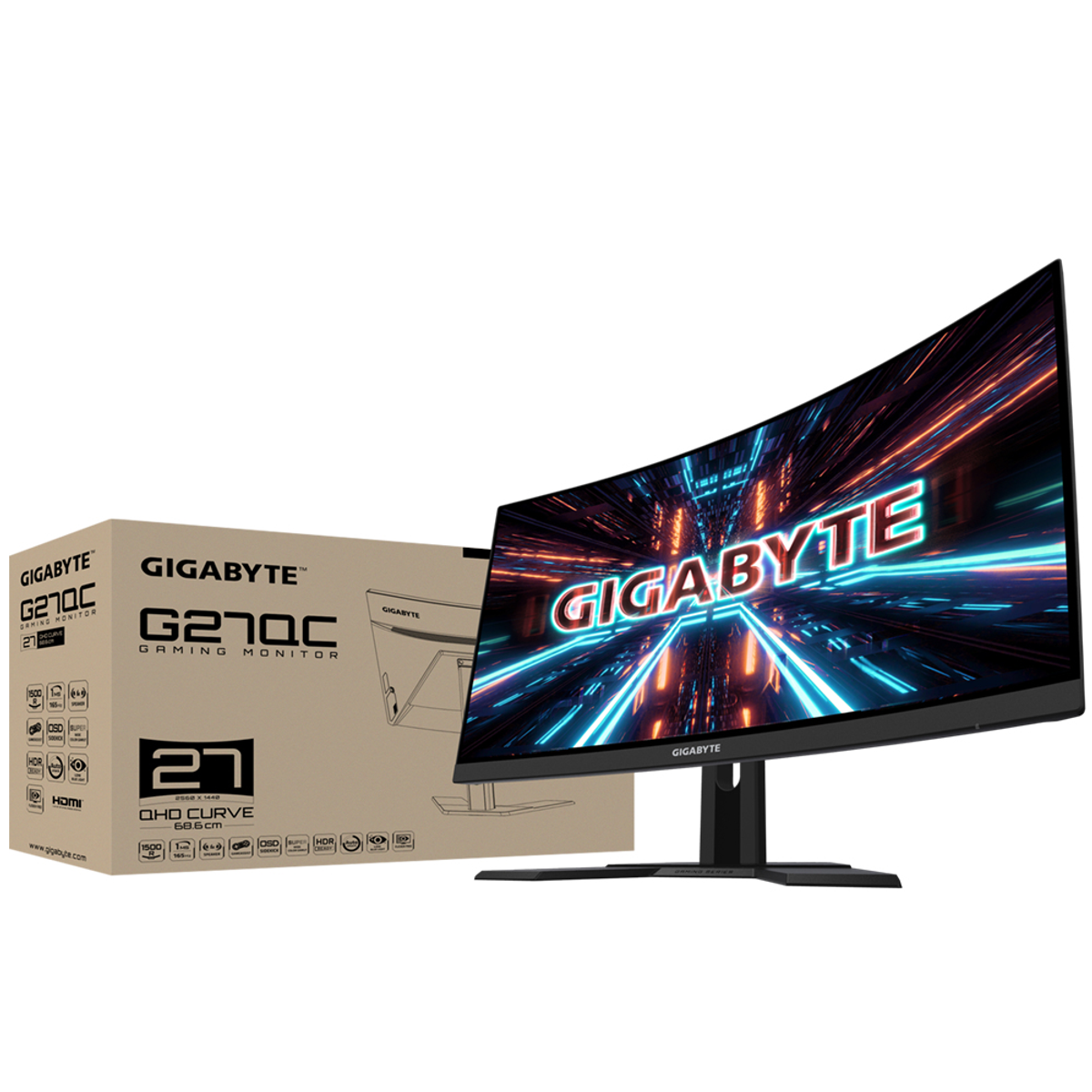 Un monitor curvo per gaming con scatola. Lo schermo mostra una scena di gioco futuristica. Il monitor è nero con supporto nero.