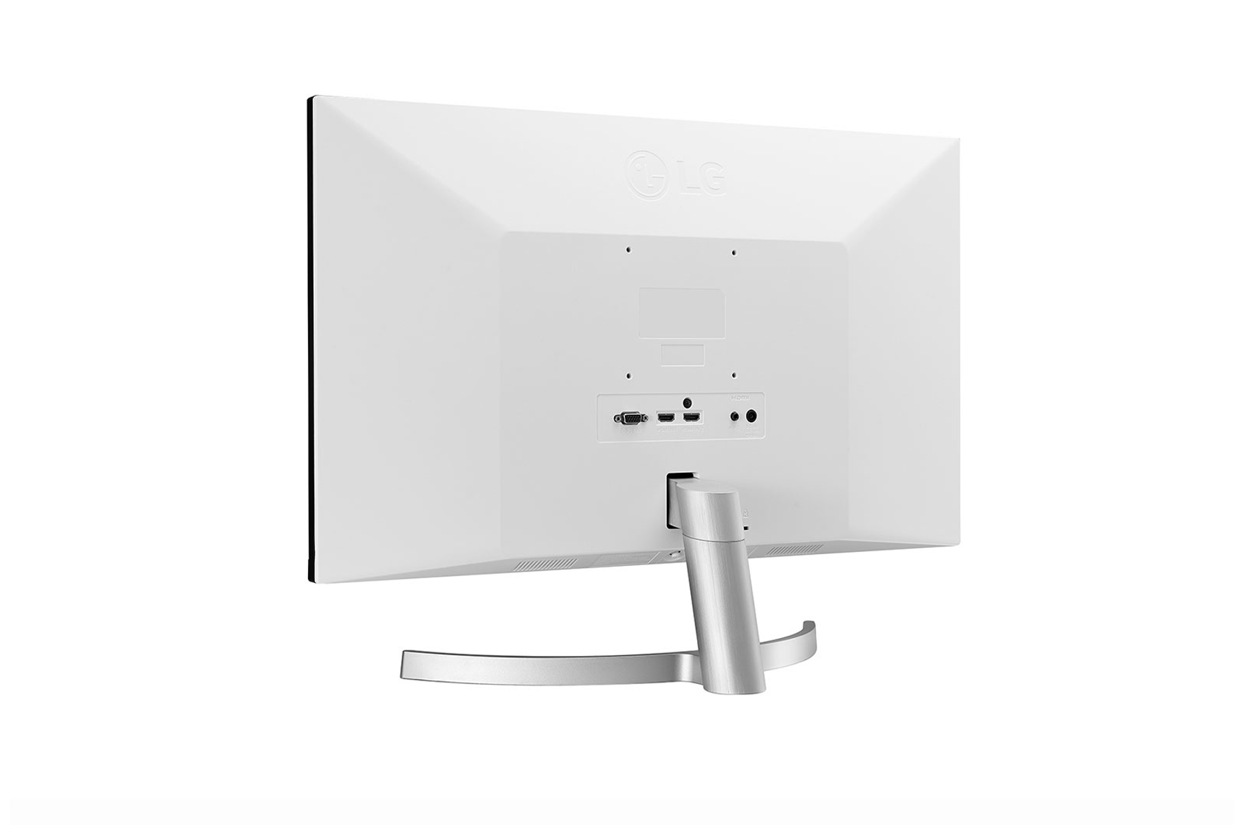 The back of a white monitor with a silver stand, showing ports and connections.