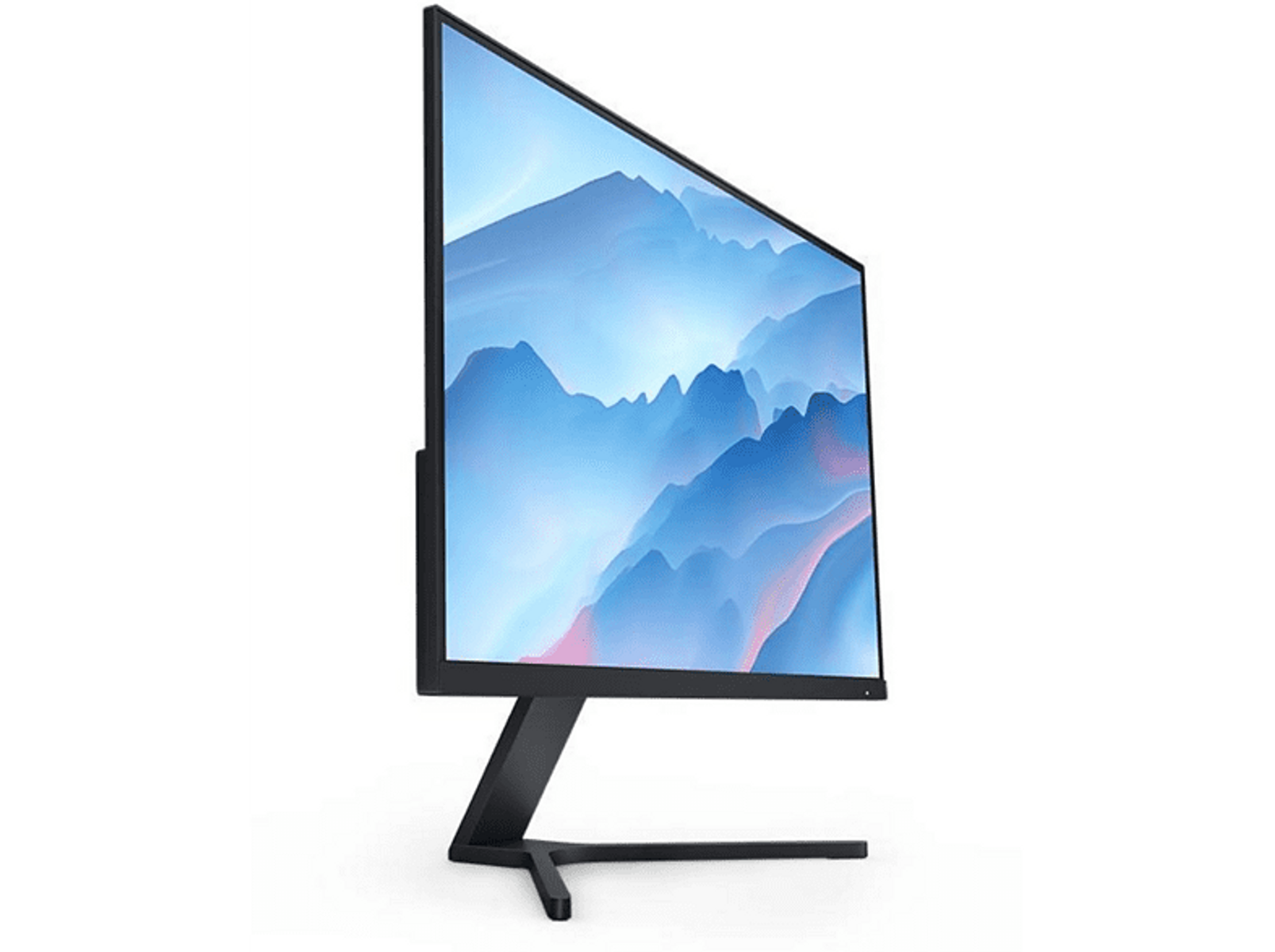 Z şeklinde standlı monitör. Ekran dağ manzarası gösteriyor.