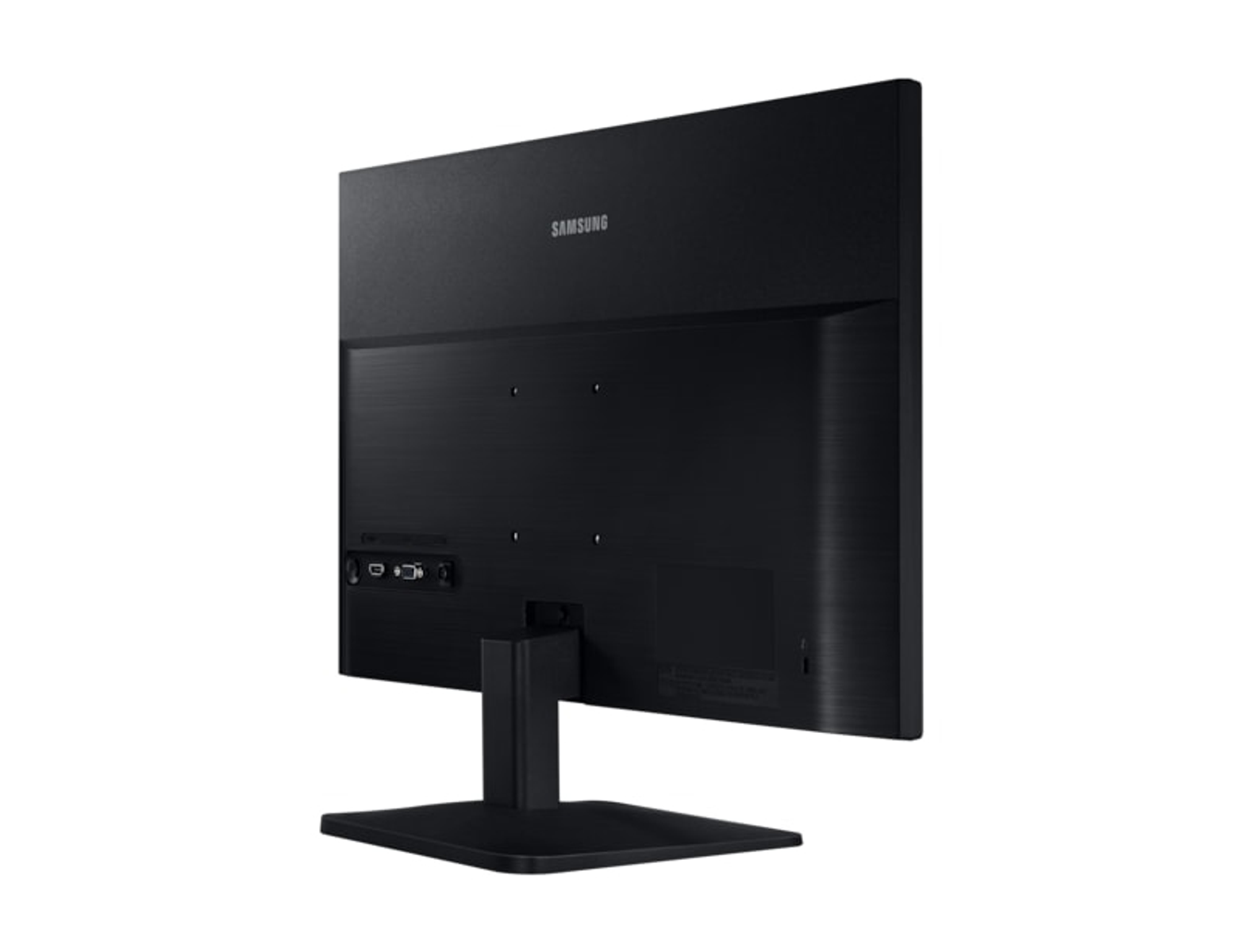 Vista posteriore di un monitor Samsung nero con porte e supporto. Sfondo bianco.