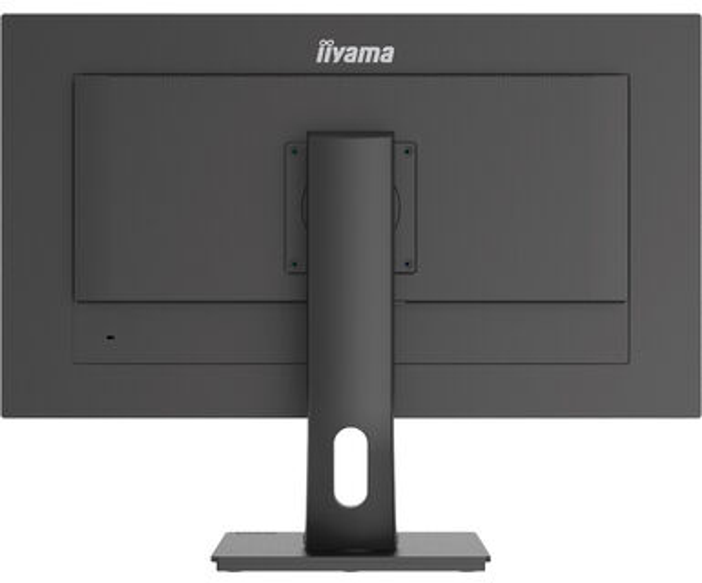 Vista trasera de un monitor con soporte. El monitor es negro con fondo oscuro. Fondo gris.
