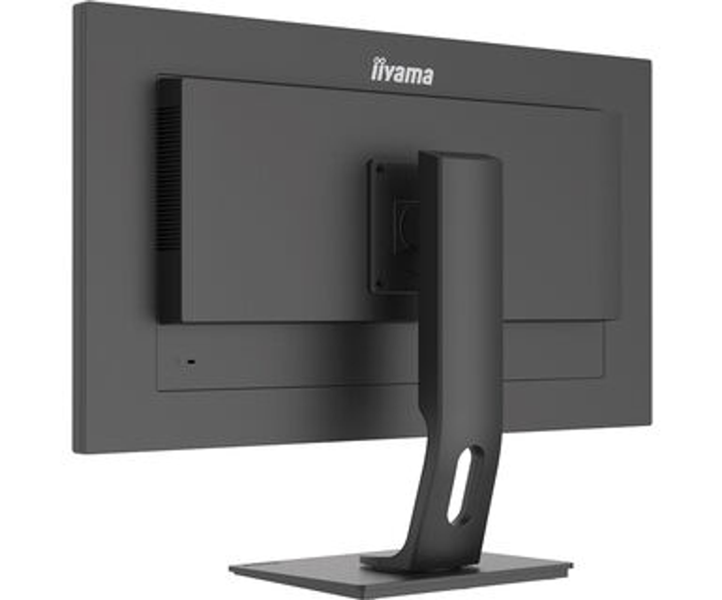Parte trasera de un monitor negro con la marca 'iiyama'. Muestra un soporte y un diseño elegante.