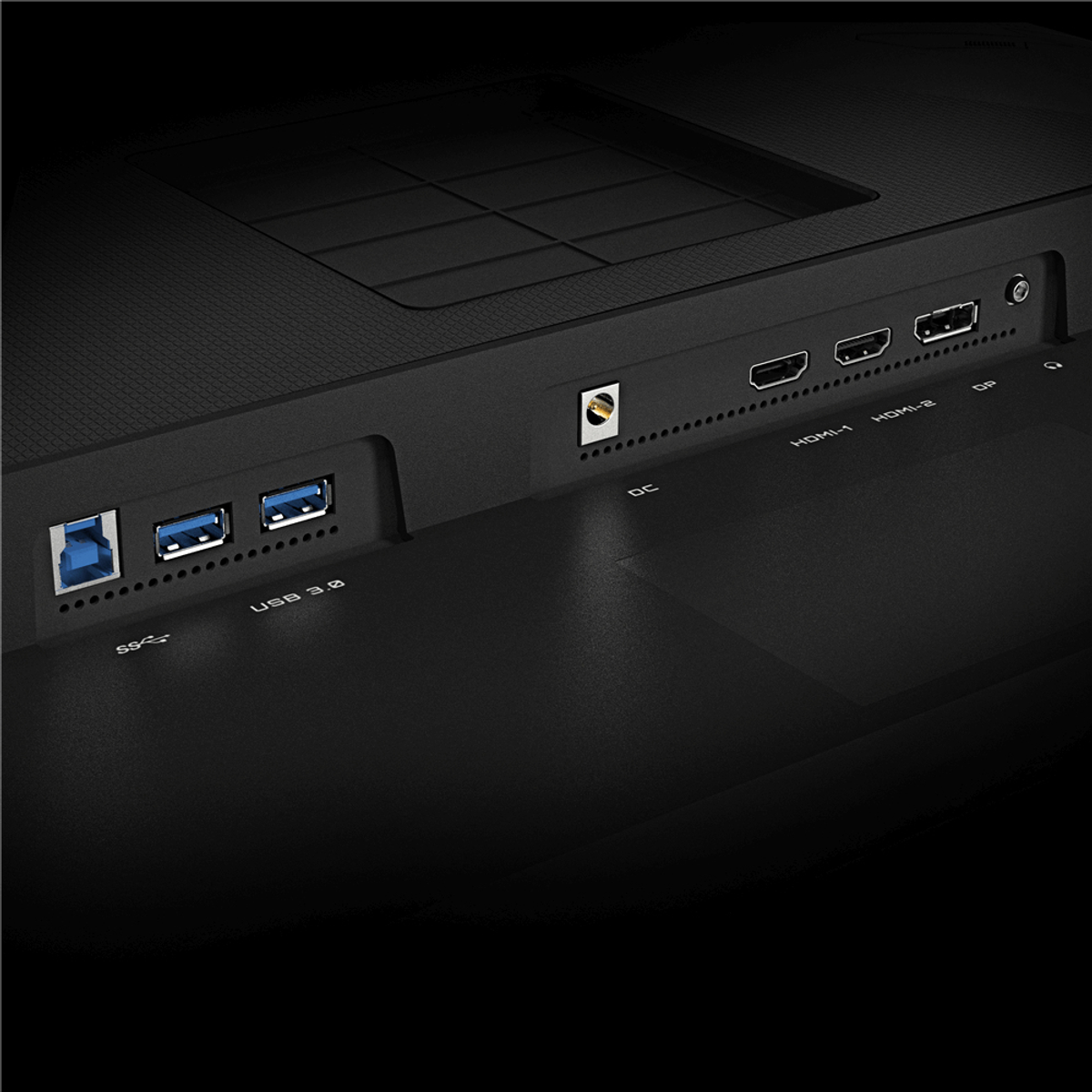 Rückwand eines Monitors mit USB-, HDMI-, DP- und Stromanschlüssen.
