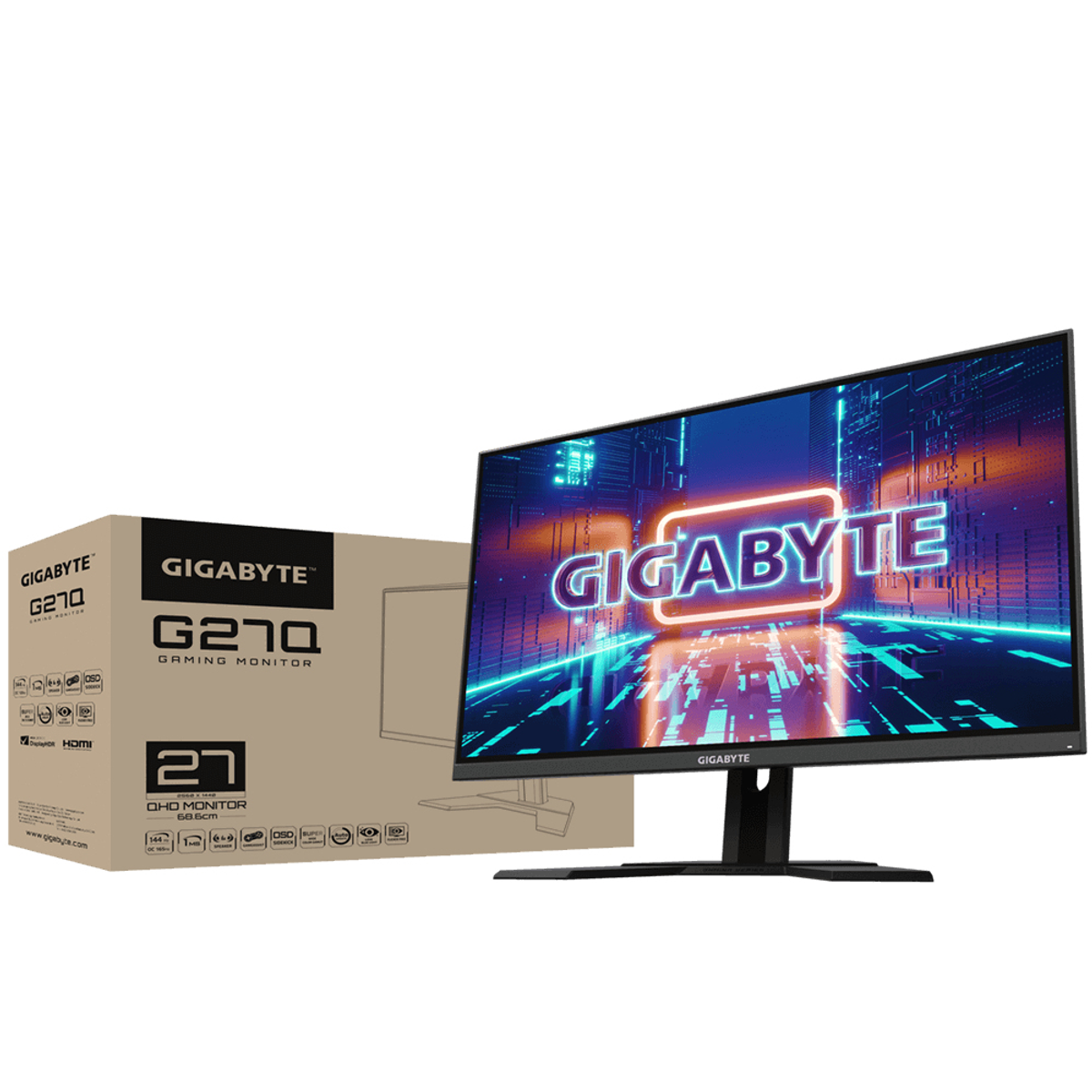 Monitor mit Box, zeigt einen Bildschirm mit Stadtbild und Firmenlogo.