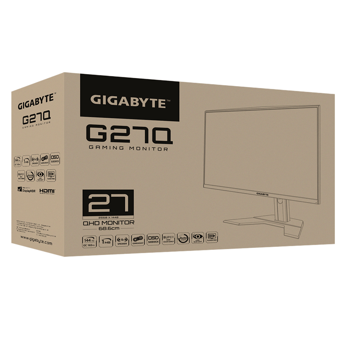 Karton mit einem Monitor. Der Monitor ist schwarz. Die Box ist braun mit weißem und schwarzem Text.