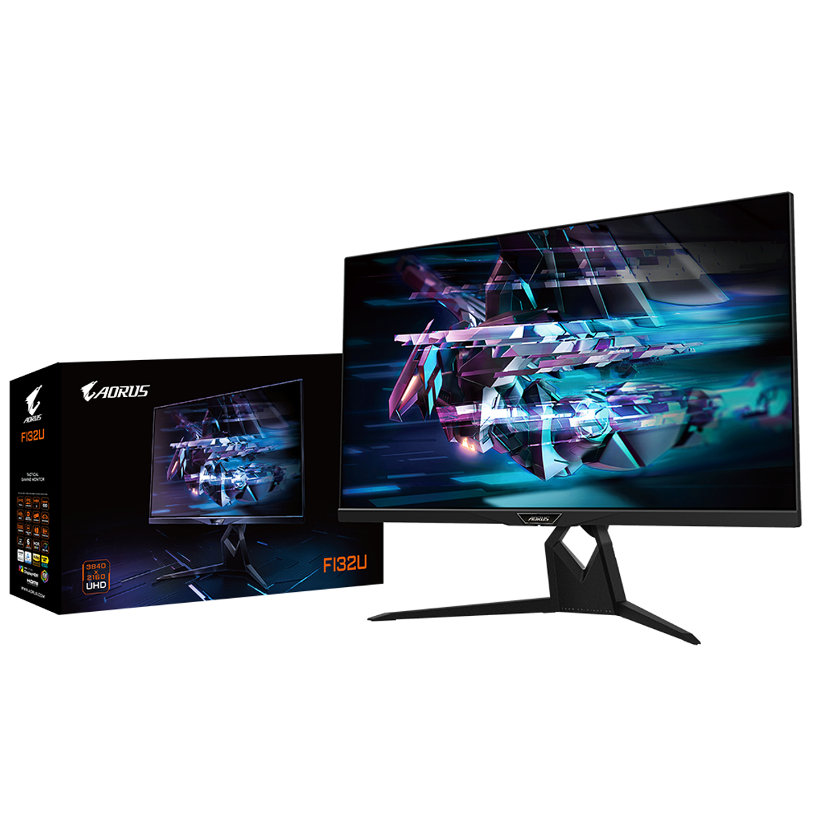 Un monitor con un design futuristico, che mostra una scena di gioco, con una scatola a sinistra.