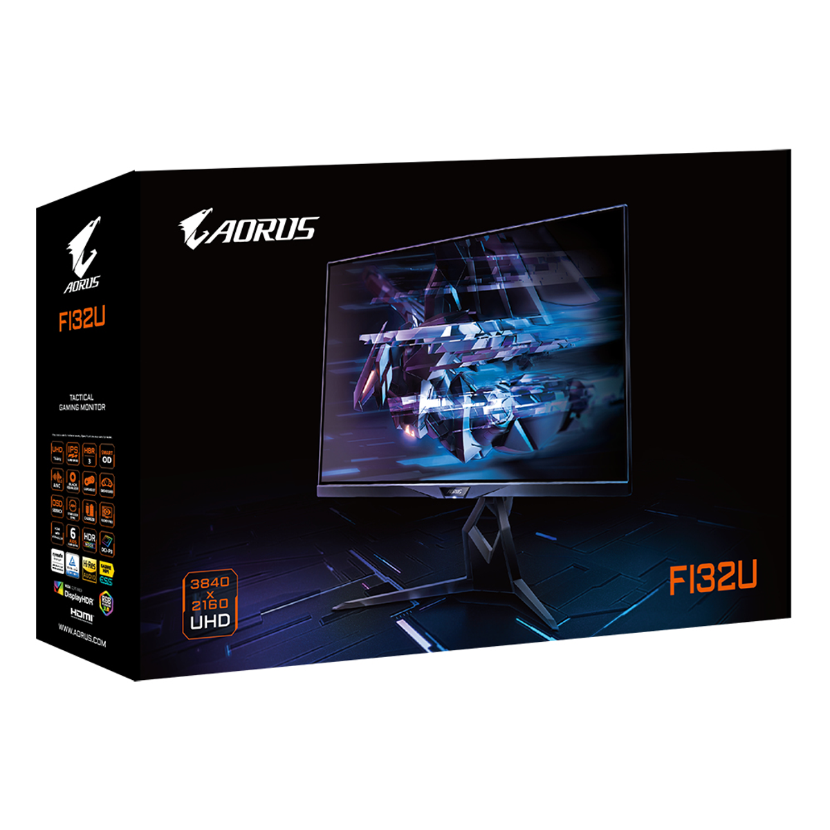 Scatola del monitor gaming AORUS. Immagine del monitor, nome del modello e specifiche.