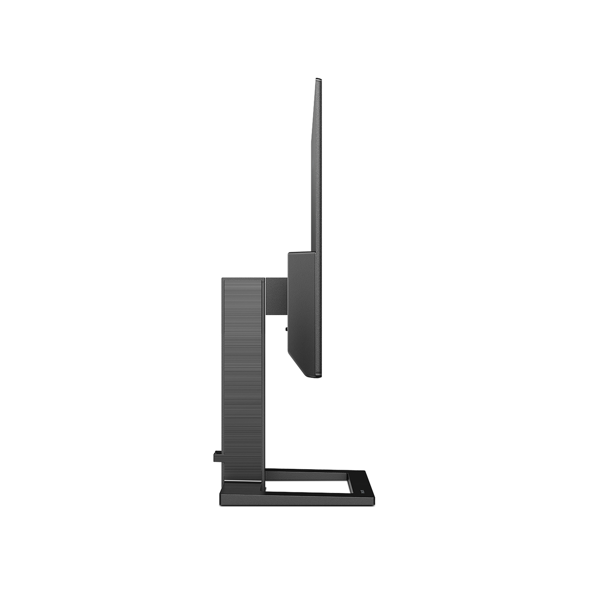 Widok z boku czarnego monitora komputerowego na stojaku. Pokazuje profil monitora ze stojakiem.