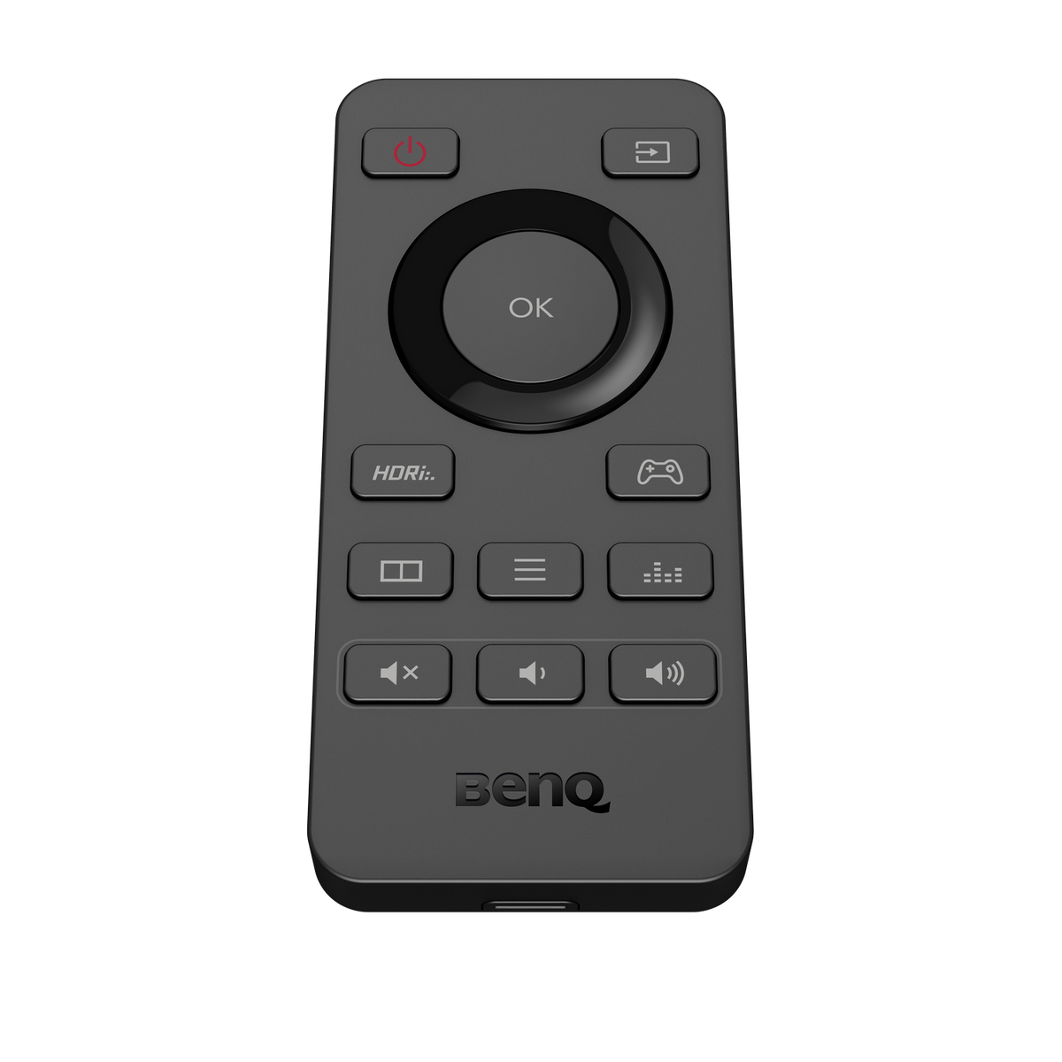 Un telecomando nero con più pulsanti e un pulsante OK centrale. Il logo BenQ è visibile.