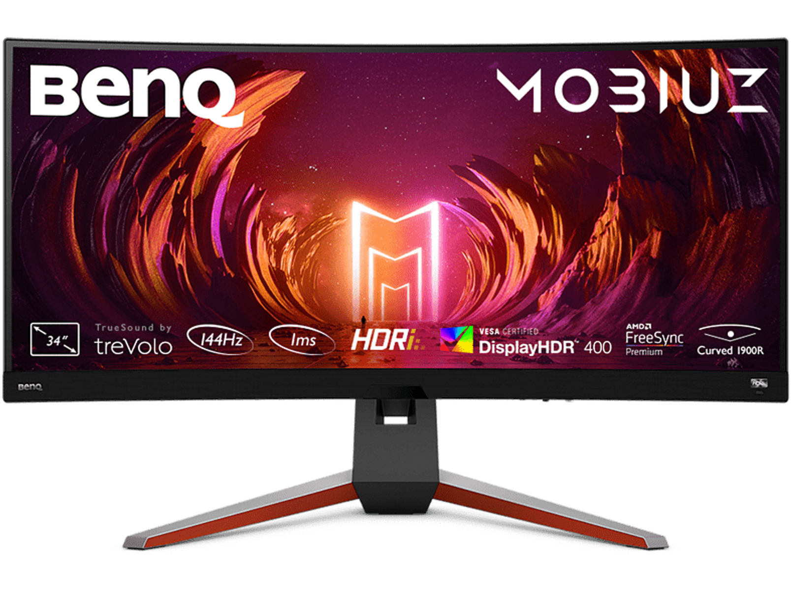 Un monitor curvo con supporto rosso e nero. Lo schermo mostra un logo e del testo.