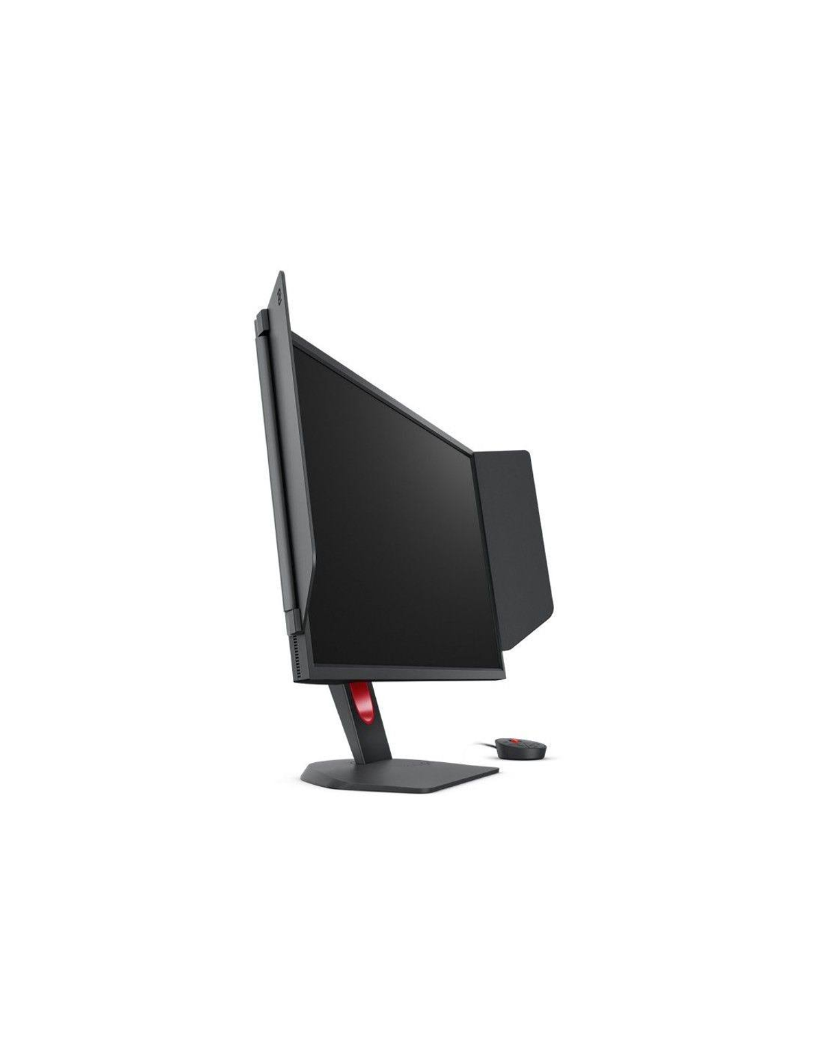 Black monitor with a red base and a mouse on a white background.