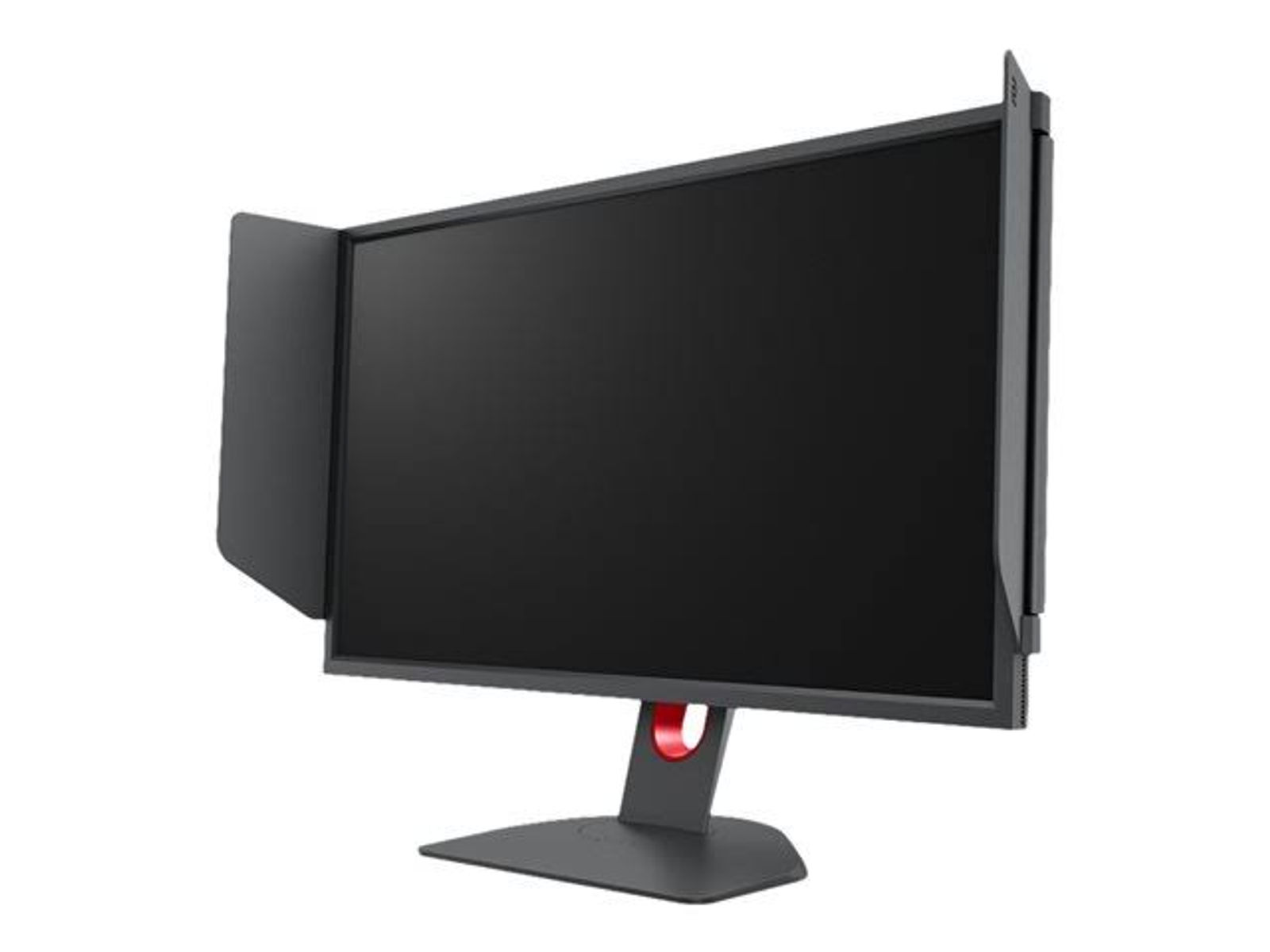 Black computer monitor with screen shade attached. Red base.