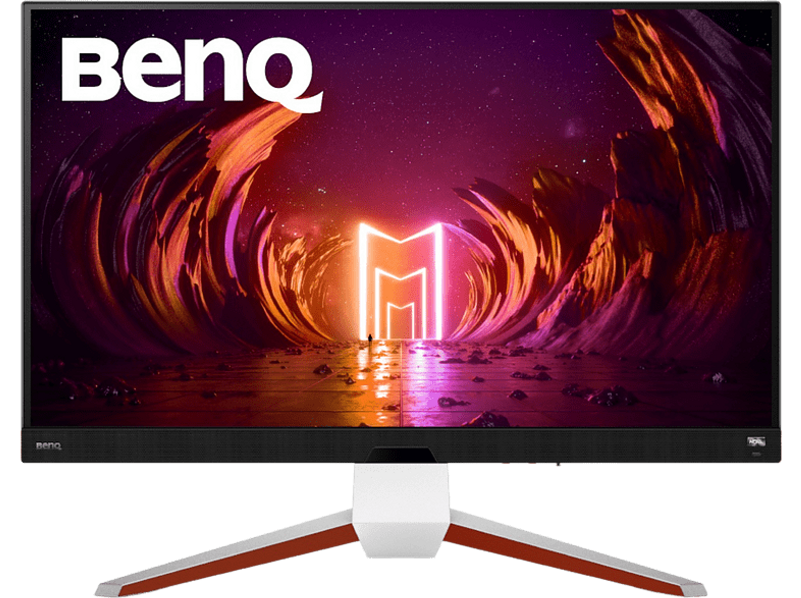 Monitor BenQ z abstrakcyjnym, kolorowym wyświetlaczem. Monitor na podstawie, logo BenQ.