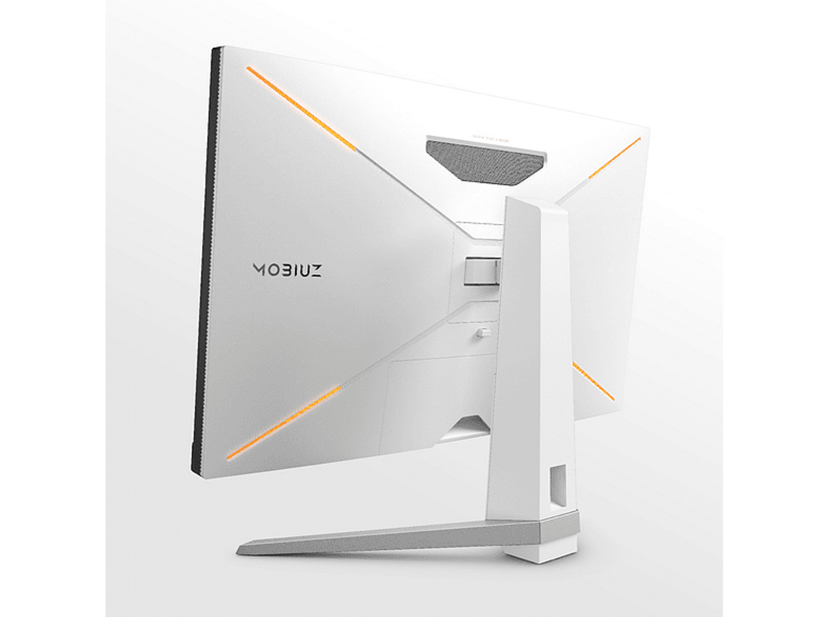 Biały monitor komputera na białym tle, widok z tyłu z logo MOBIUZ.
