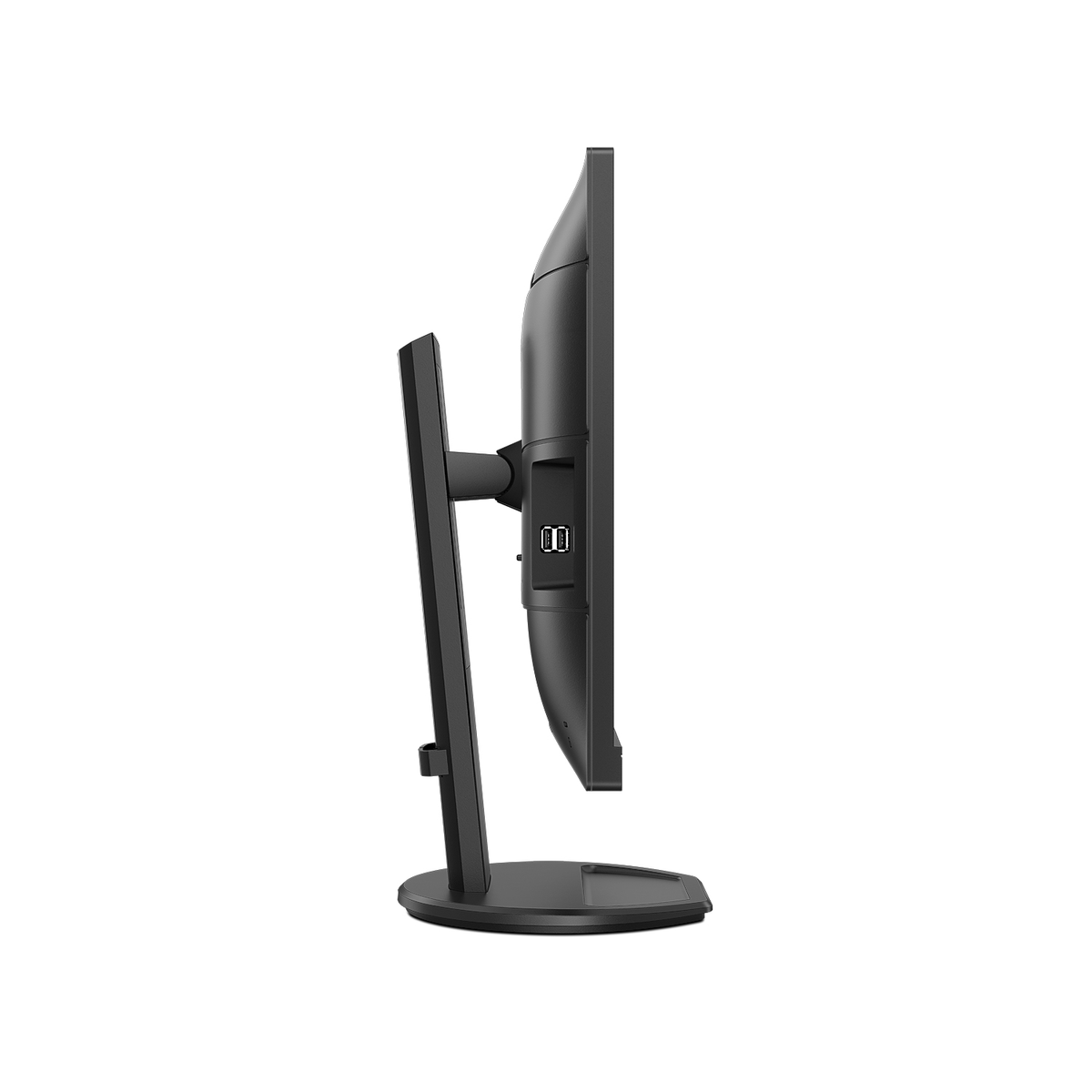 Monitor nero, vista laterale. Supporto e porte visibili. Sfondo bianco.