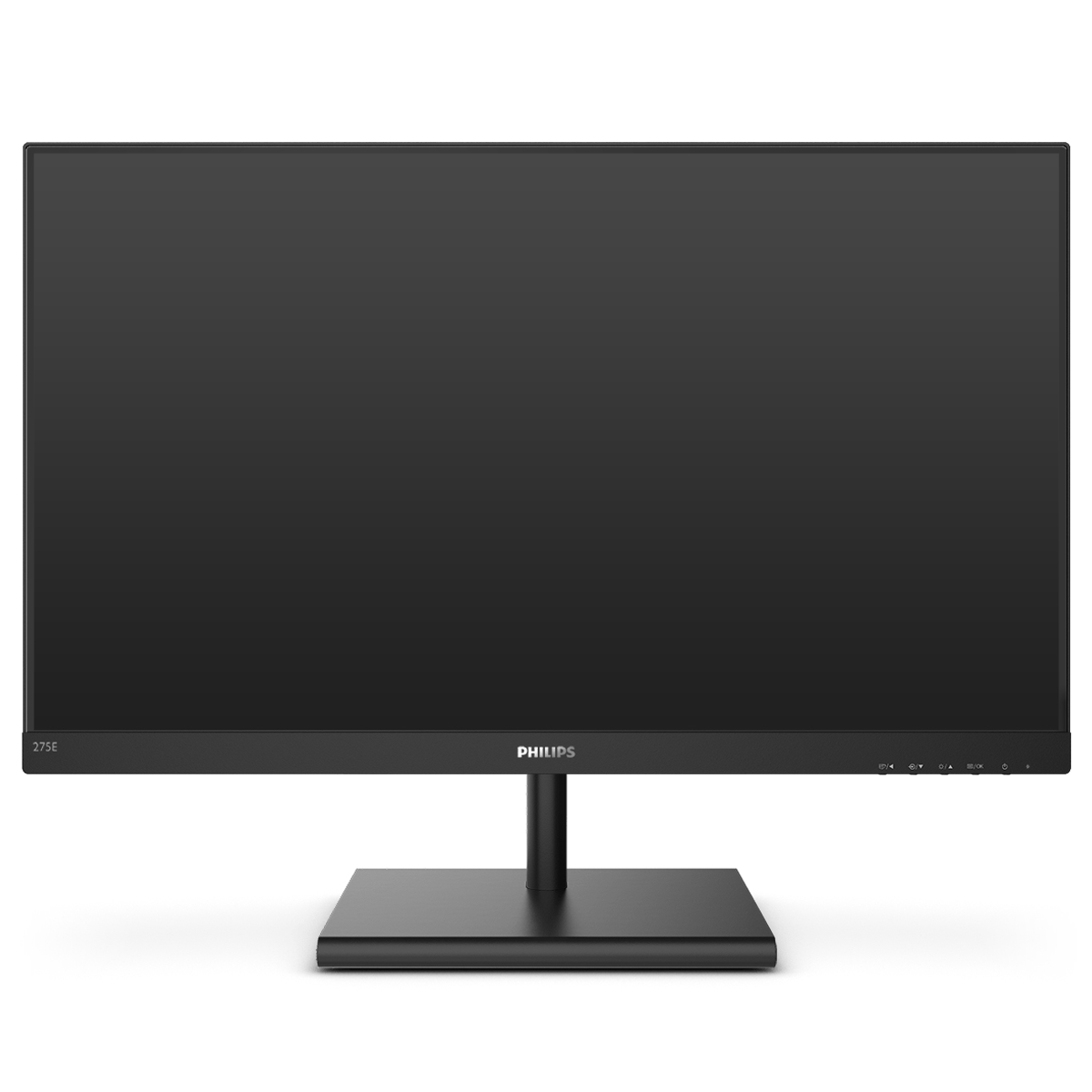 Monitor de computadora negro con soporte. La pantalla está en blanco. Logo Philips abajo.