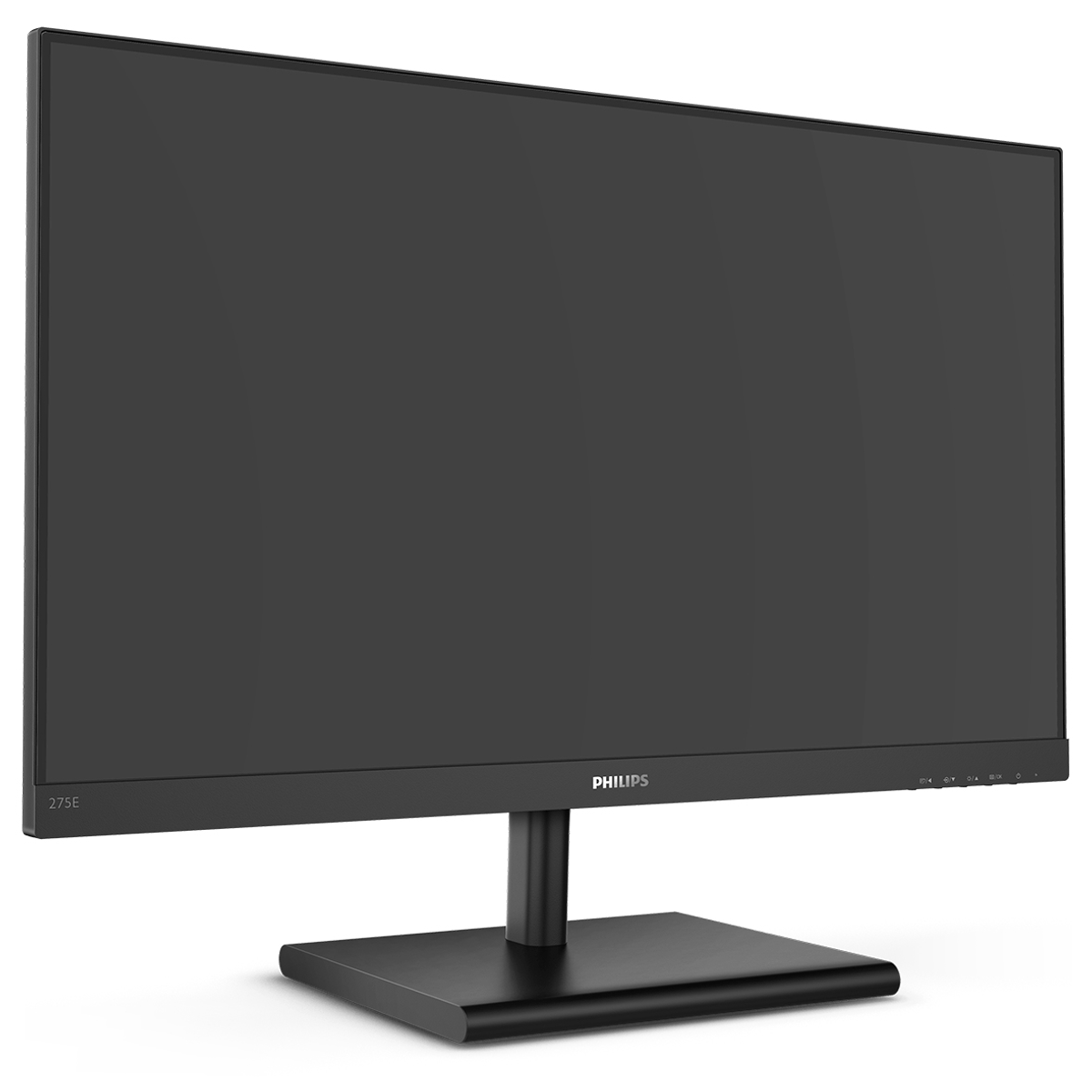 Monitor de computadora Philips negro sobre un soporte negro. Pantalla oscura en blanco.