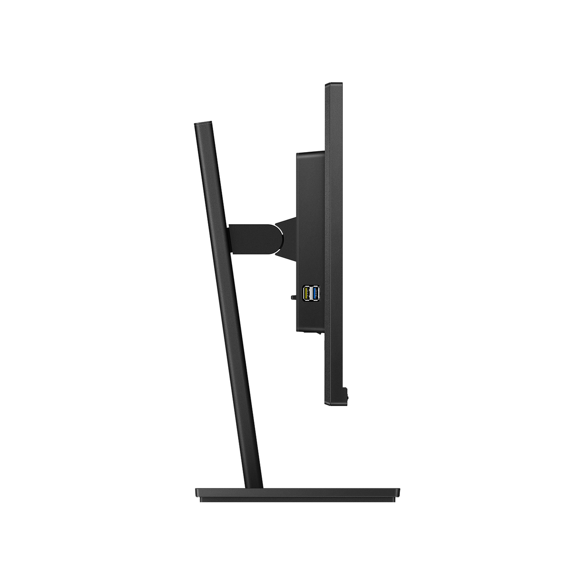 Zijaanzicht van een zwarte computermonitor, met details van de standaard en het frame.