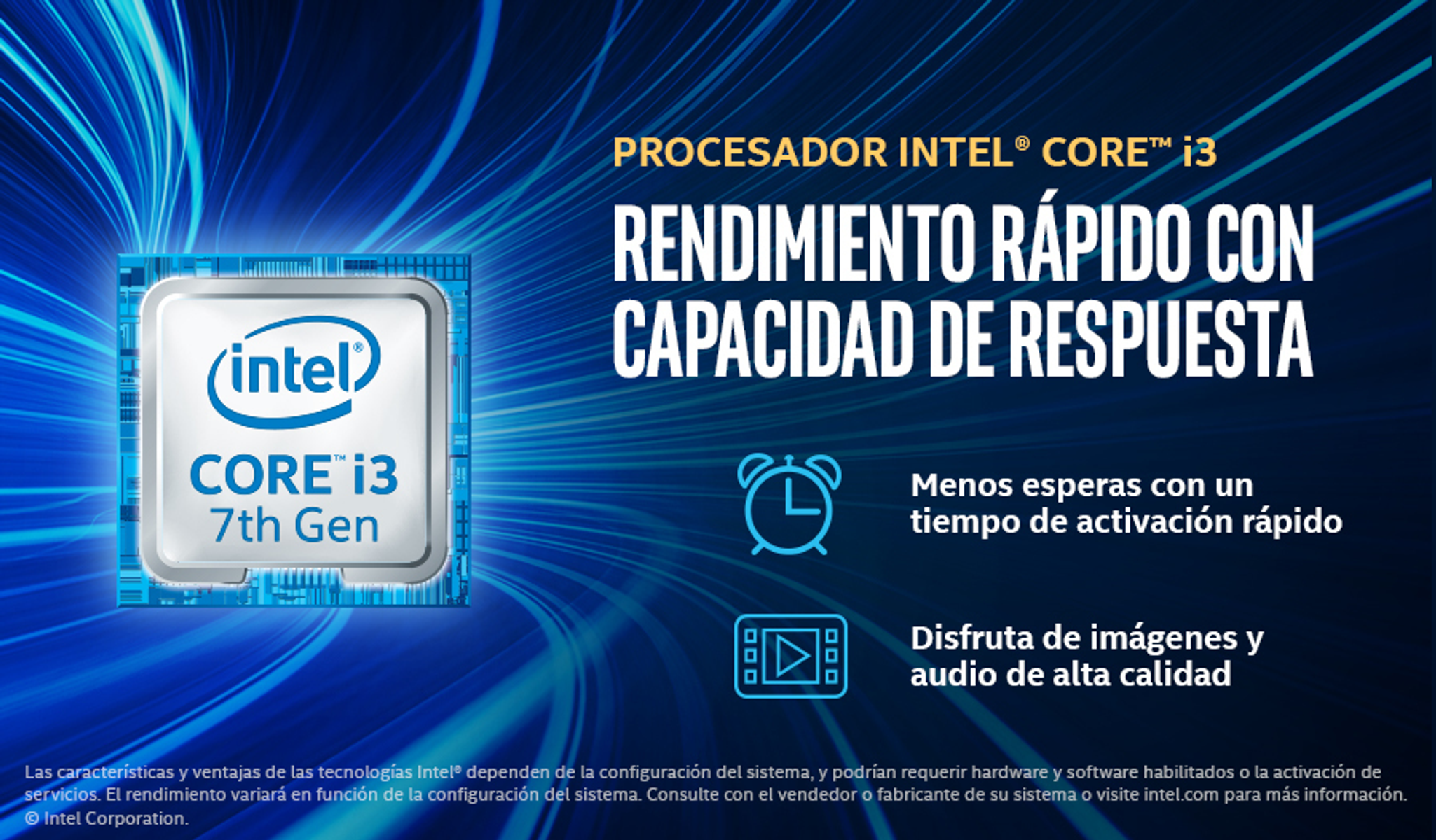 Anuncio Intel Core i3. Fondo azul, texto blanco y logo Intel.