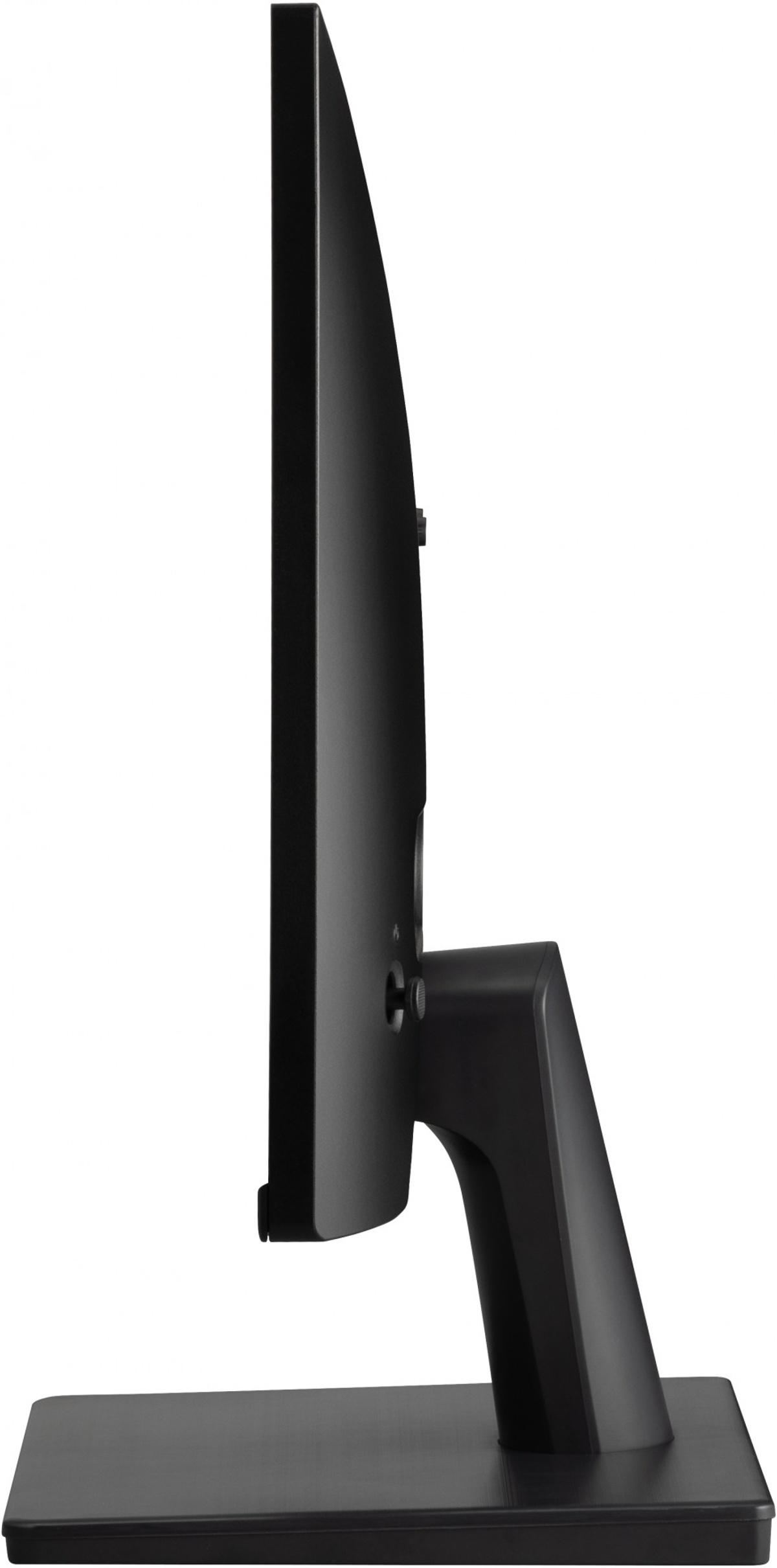 Czarny monitor, widok z boku. Stojak jest czarny. Wyświetlacz jest smukły.