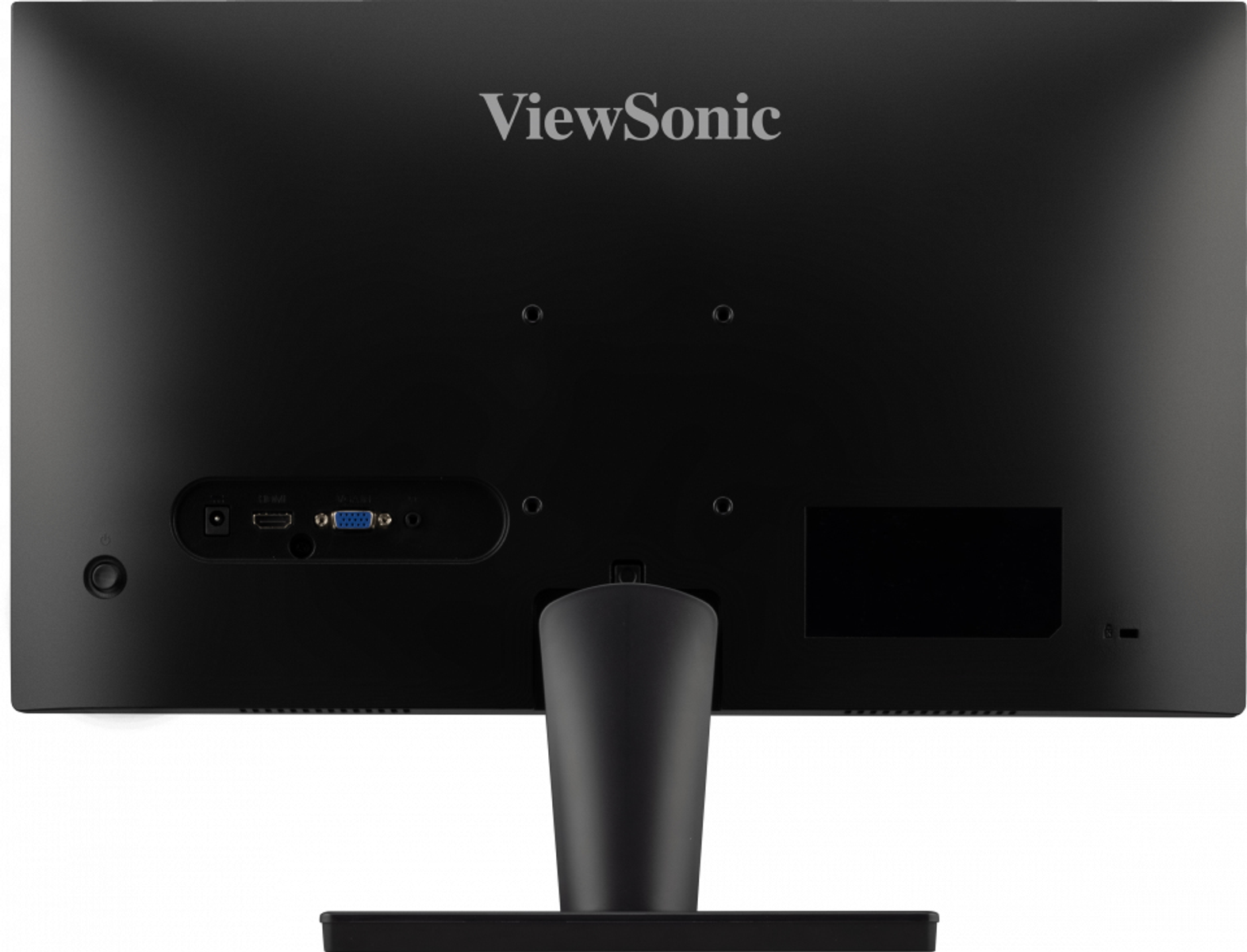 Tył czarnego monitora ViewSonic z portami i podstawą, na białym tle.