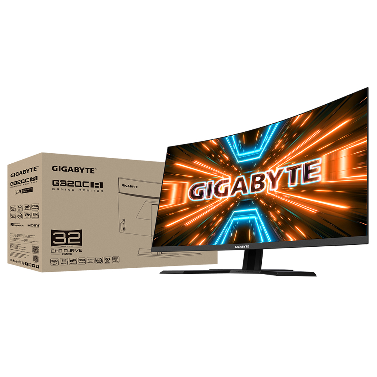 Monitor do gier Gigabyte i pudełko, z zakrzywionym ekranem wyświetlającym pomarańczowe światła.