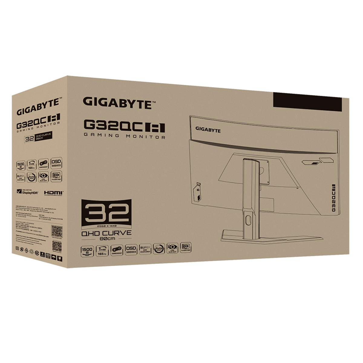 Pudełko monitora gamingowego Gigabyte G32QC, ze szczegółami i obrazami z przodu.