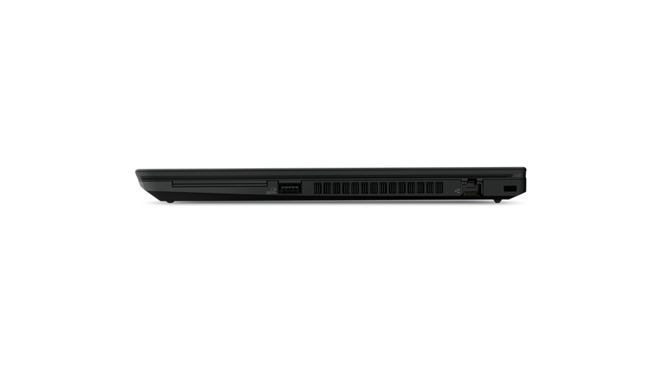 Schwarzer Laptop, Seitenansicht auf Weiß. Anschlüsse sichtbar. Sauberes, minimalistisches Design.