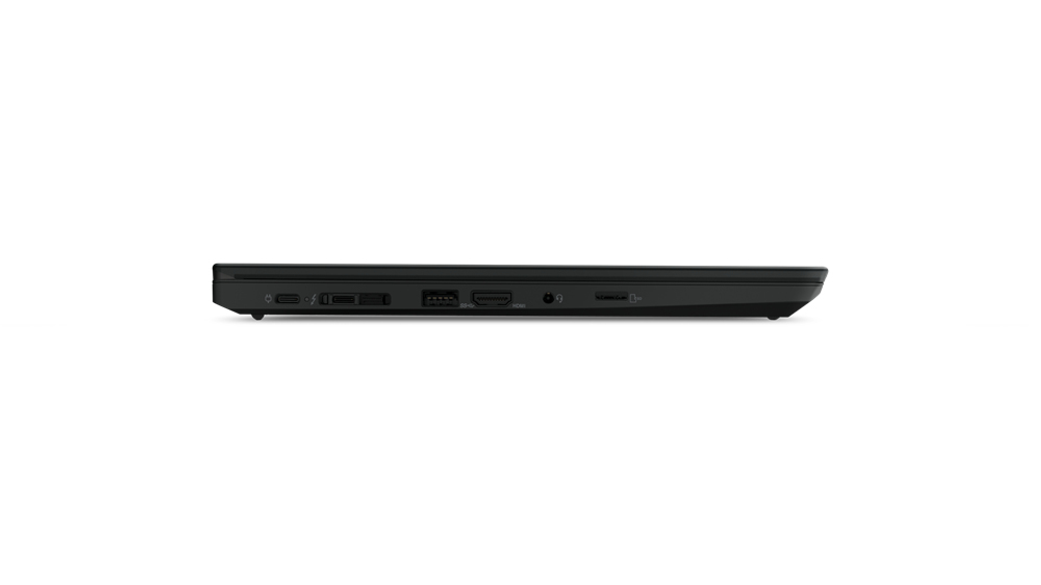Schwarzer Laptop, Seitenansicht. Zeigt Anschlüsse und Konnektoren. Schlichter weißer Hintergrund.