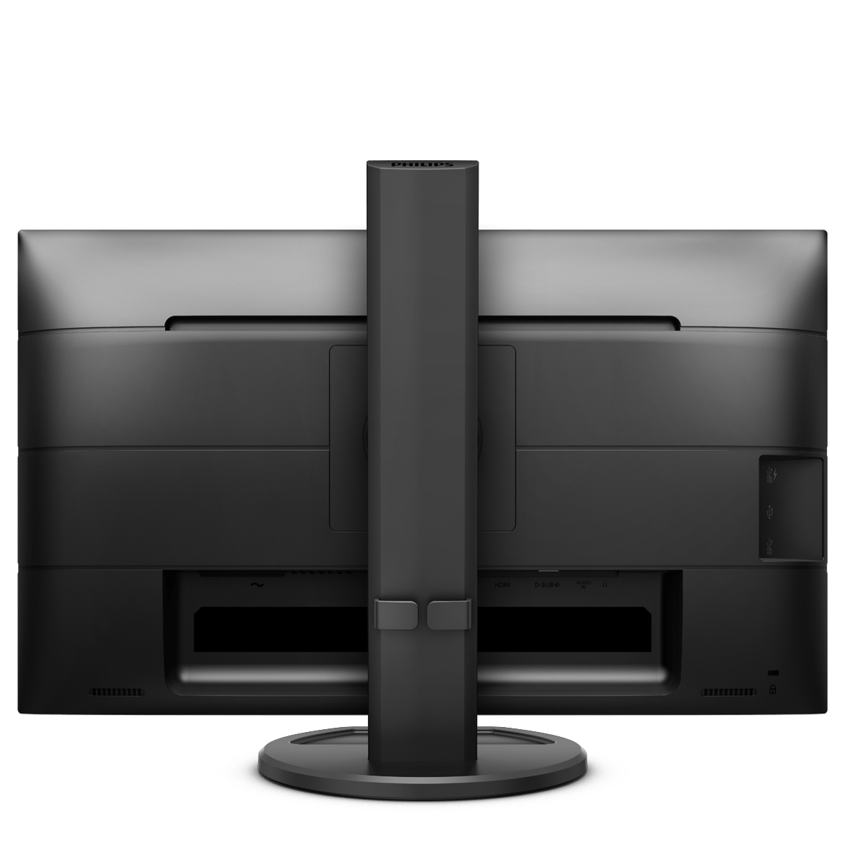 Widok z tyłu czarnego monitora komputera ze stojakiem. Porty widoczne na dole.