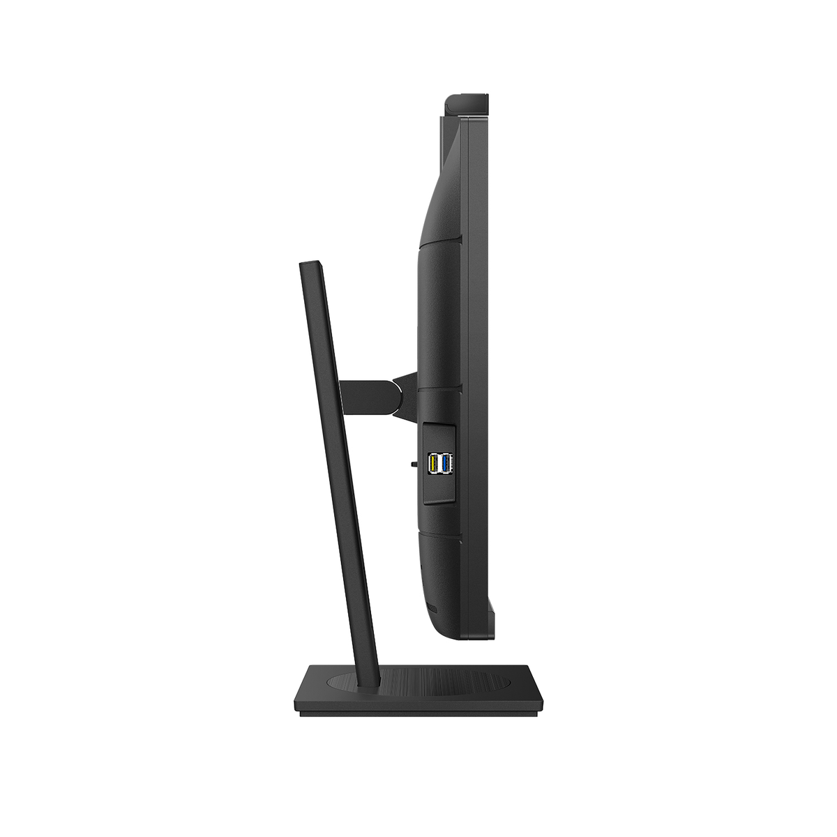 Widok z boku czarnego monitora. Widoczny stojak i porty.