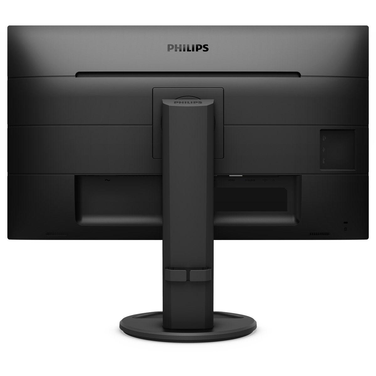 Tył czarnego monitora Philips ze stojakiem i logo Philips na górze.