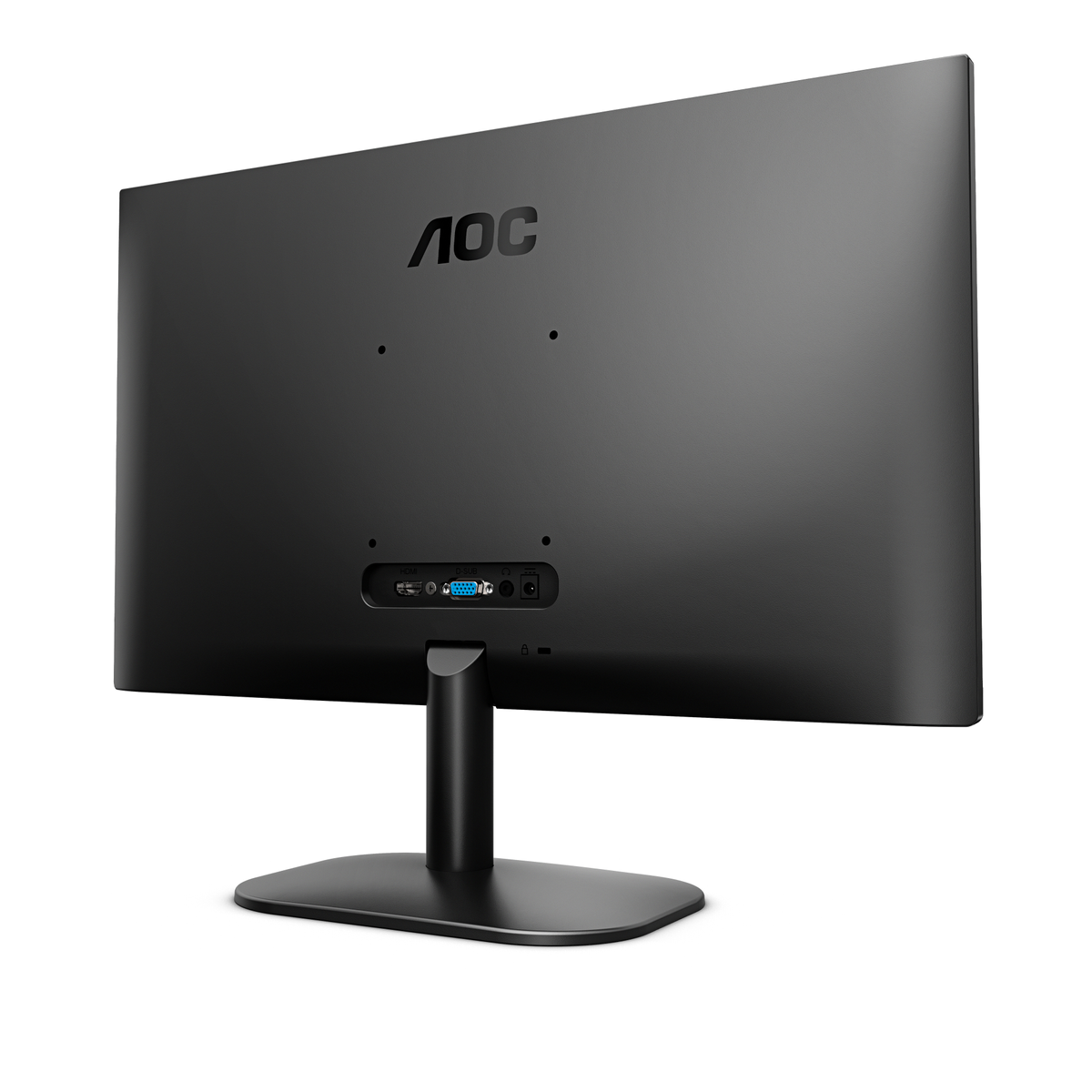 Vista trasera de un monitor de ordenador AOC negro sobre fondo blanco, con soporte.