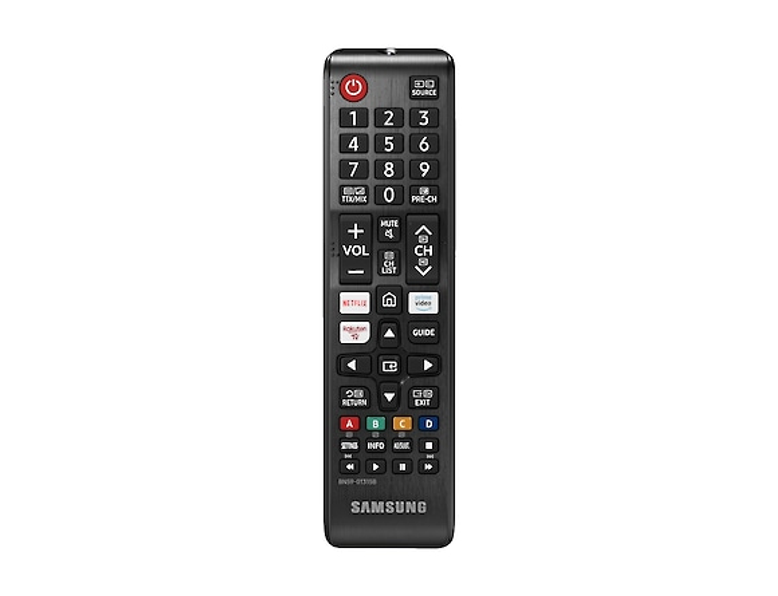 Telecomando TV Samsung nero con molti pulsanti su sfondo bianco.