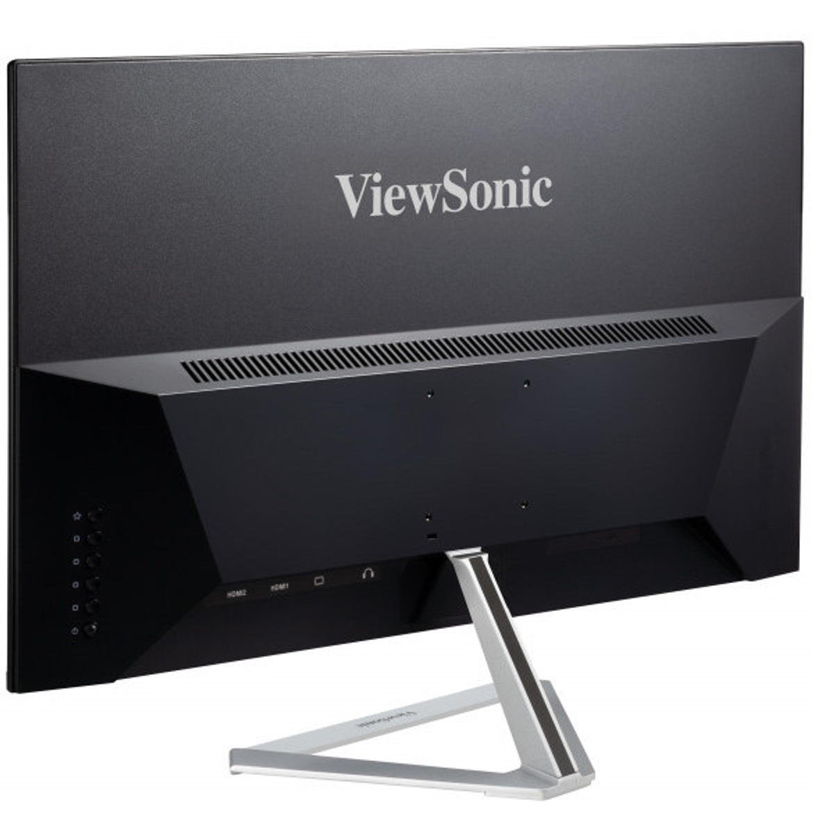Widok z tyłu czarnego monitora ViewSonic ze srebrnym stojakiem. Białe tło.