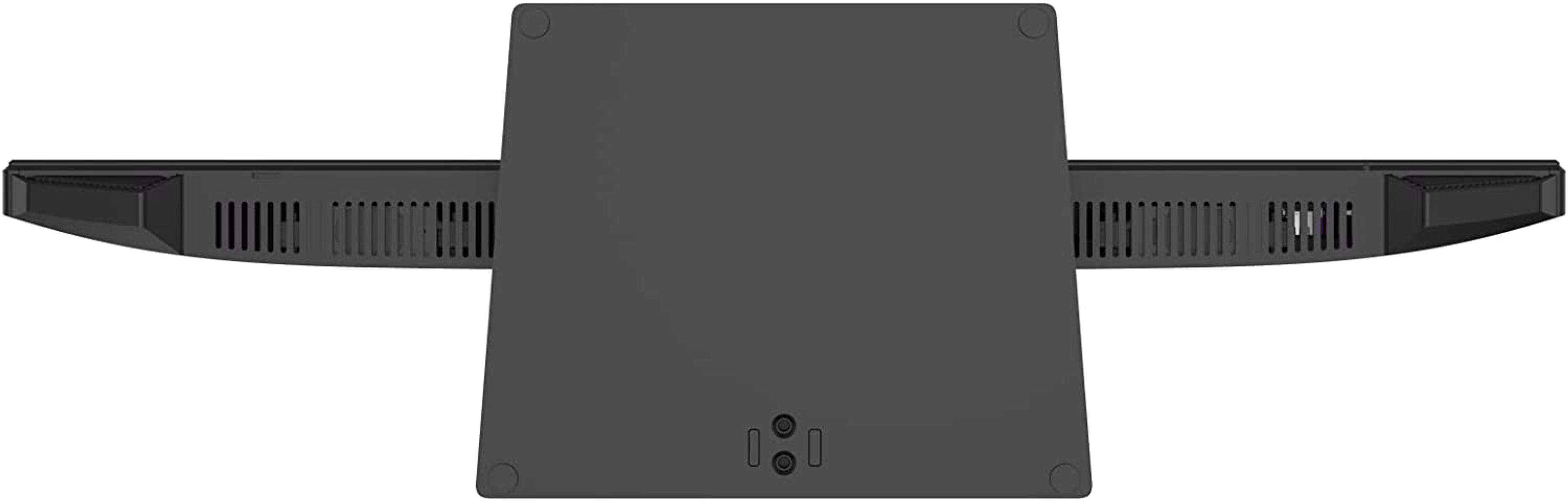Una base de monitor negra desde abajo. La base tiene ventilaciones y puertos de conexión.