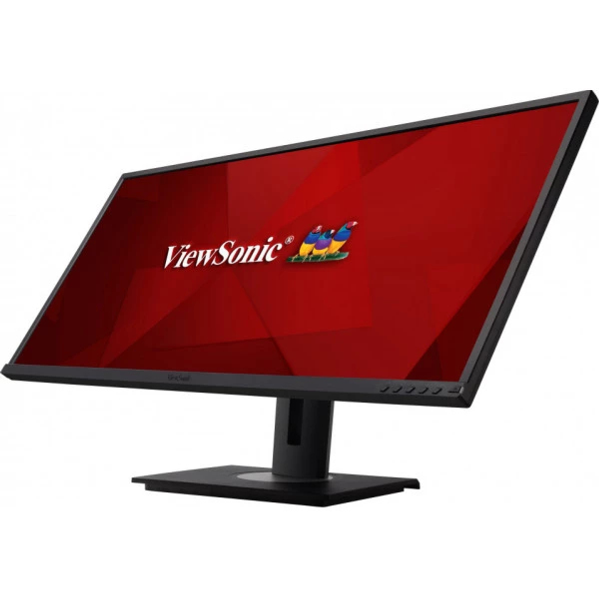 Kırmızı ekranlı ve markanın logosuna sahip bir ViewSonic bilgisayar monitörü. Siyah bir çerçeveye ve bir standa sahip.