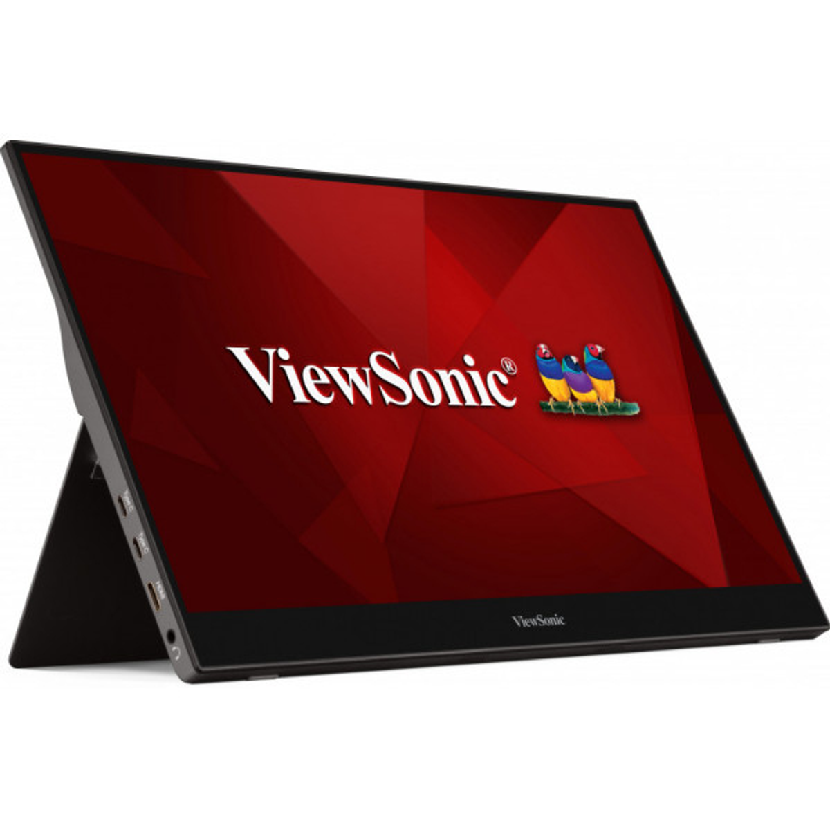 Un écran ViewSonic rouge avec le logo. Il est posé sur un support.