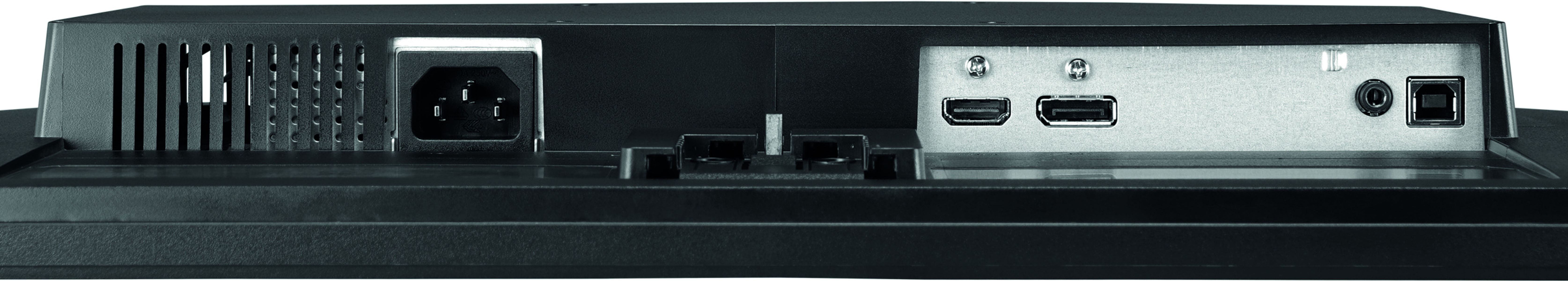 Nahaufnahme der Rückseite eines Monitors mit Strom-, HDMI- und USB-Anschlüssen.