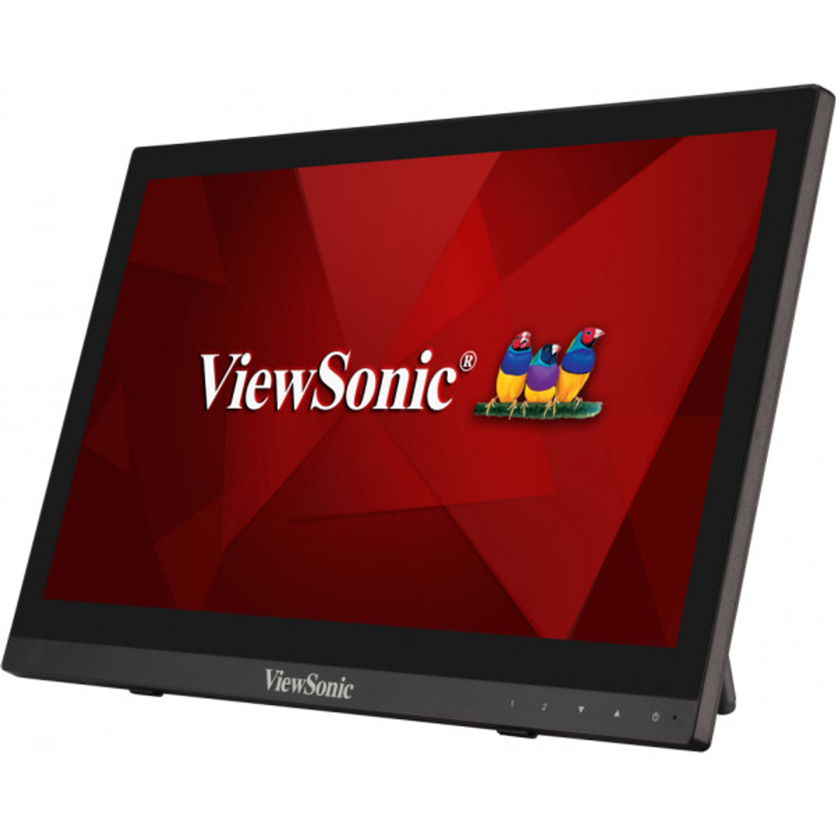 ViewSonic monitor displaying a red and black geometric pattern.
