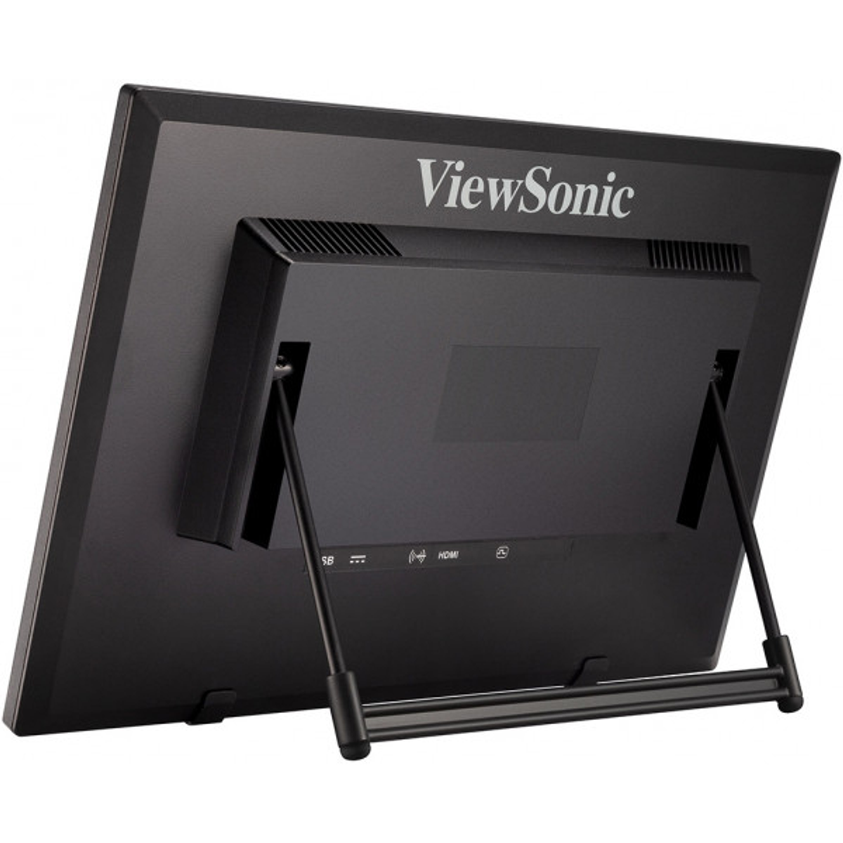 ViewSonic monitor back view, with stand, black color and ports.