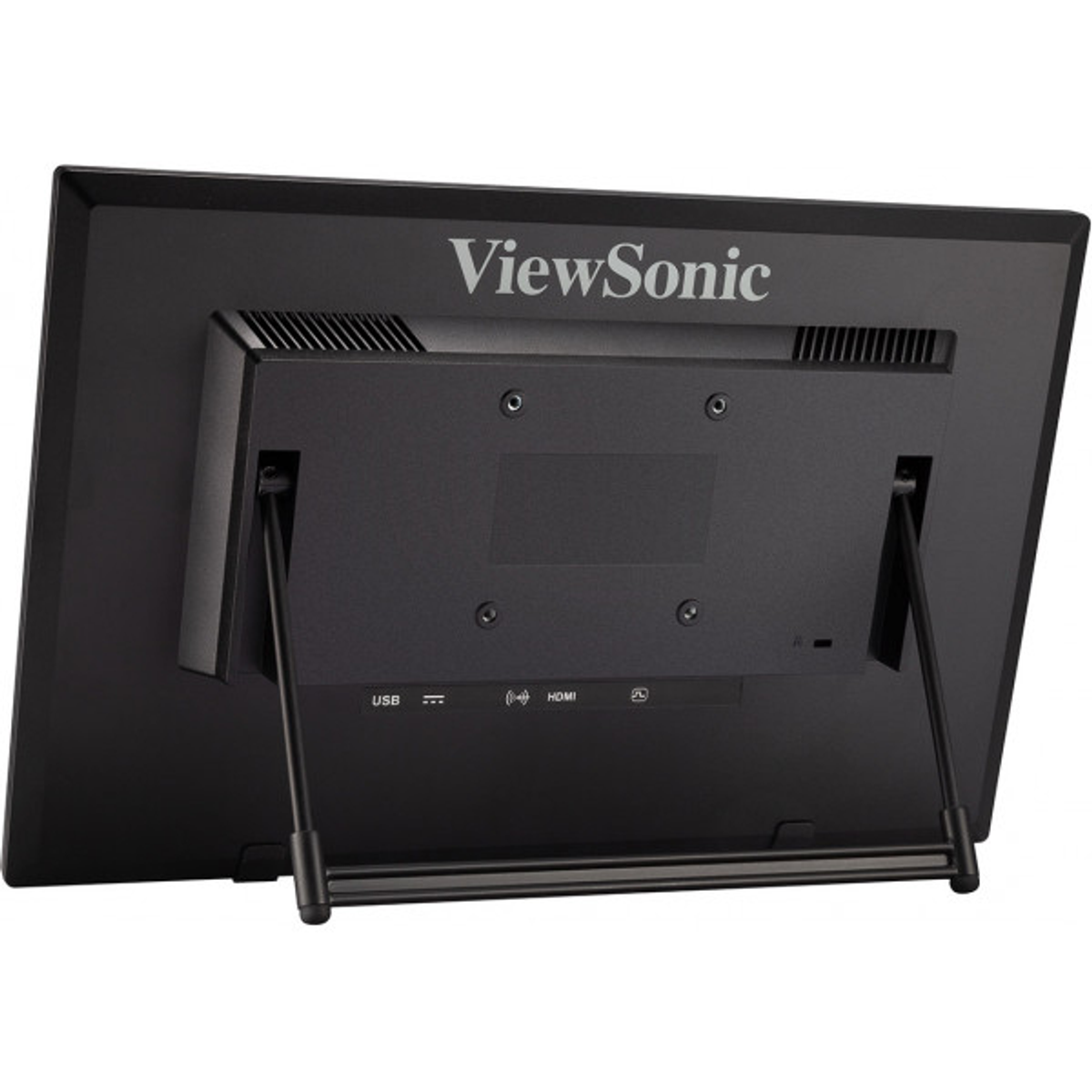 ViewSonic monitor, back view. The monitor has a stand and ports. The ViewSonic logo is visible.